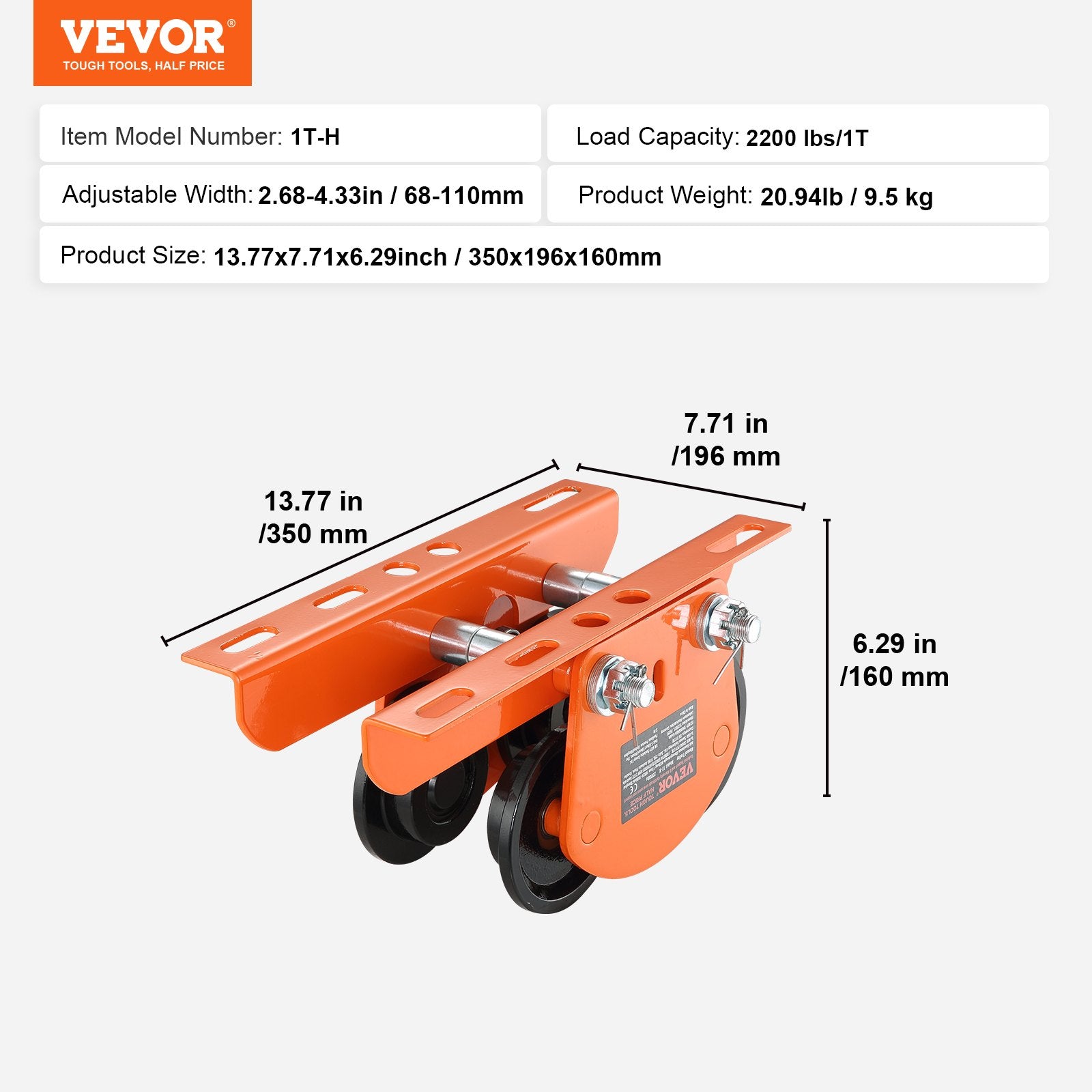 Rankinis vežimėlis elektrinei gervei VEVOR 1T-H, 1 tona