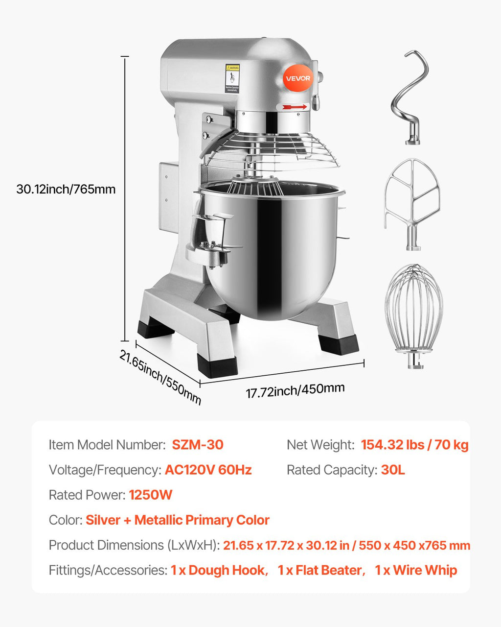Elektrinis maisto mikseris VEVOR 30L, 1100W