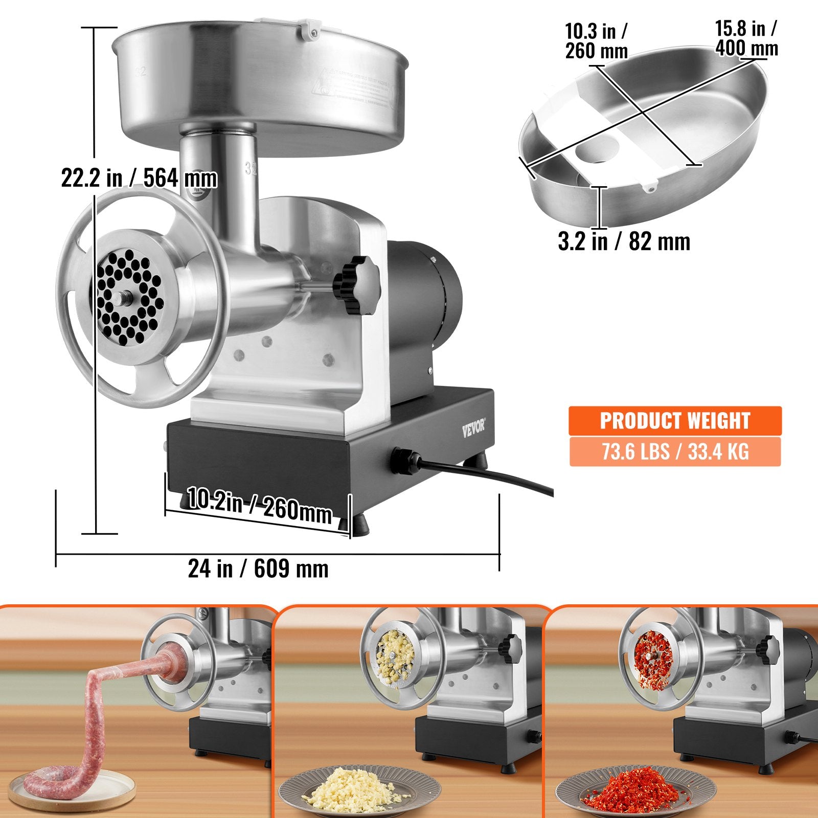 Elektrinė mėsmalė VEVOR 1A-EG932, 450 kg/val. našumas
