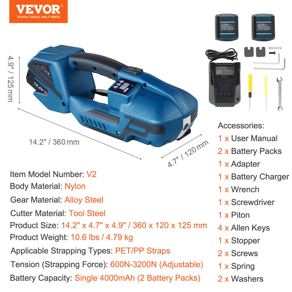 Elektrinis rišimo įrankis VEVOR V2, 600N-3200N tempimo jėga
