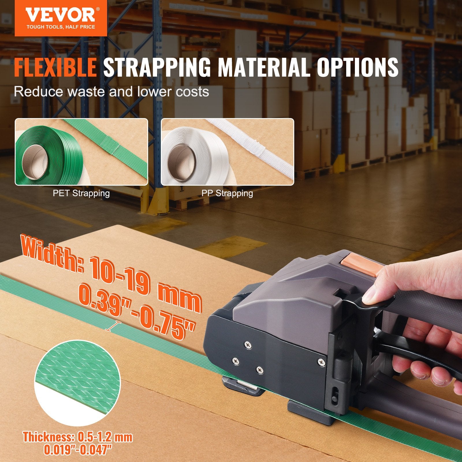 Elektrinis surišimo įrankis VEVOR DS-19, 10–19 mm juostoms
