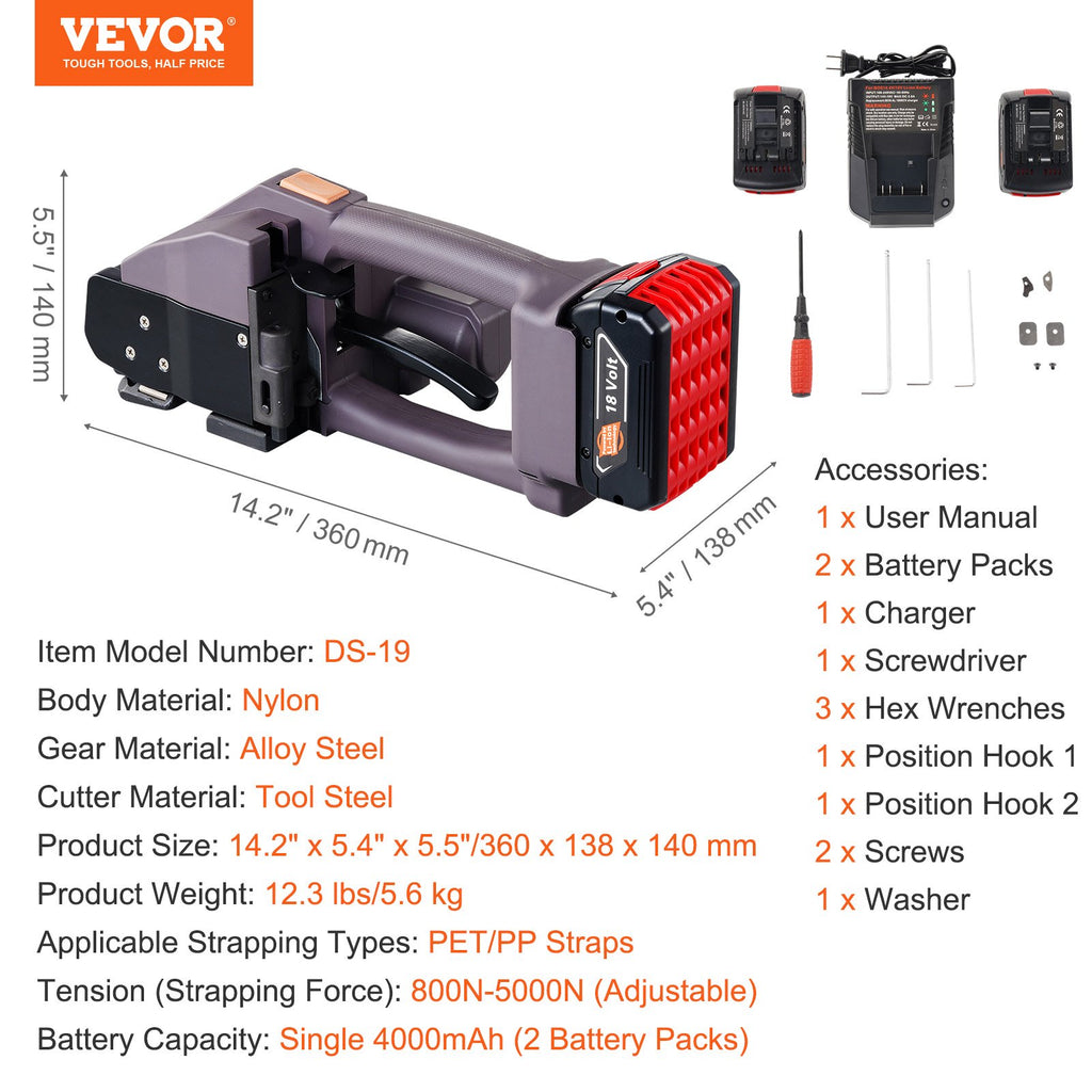 Elektrinis surišimo įrankis VEVOR DS-19, 10–19 mm juostoms
