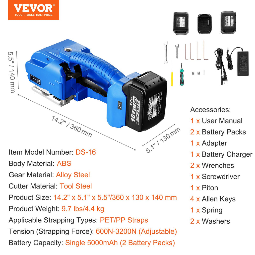 Automatinis elektrinis rišimo įrankis VEVOR DS-16, 9-16 mm juostoms