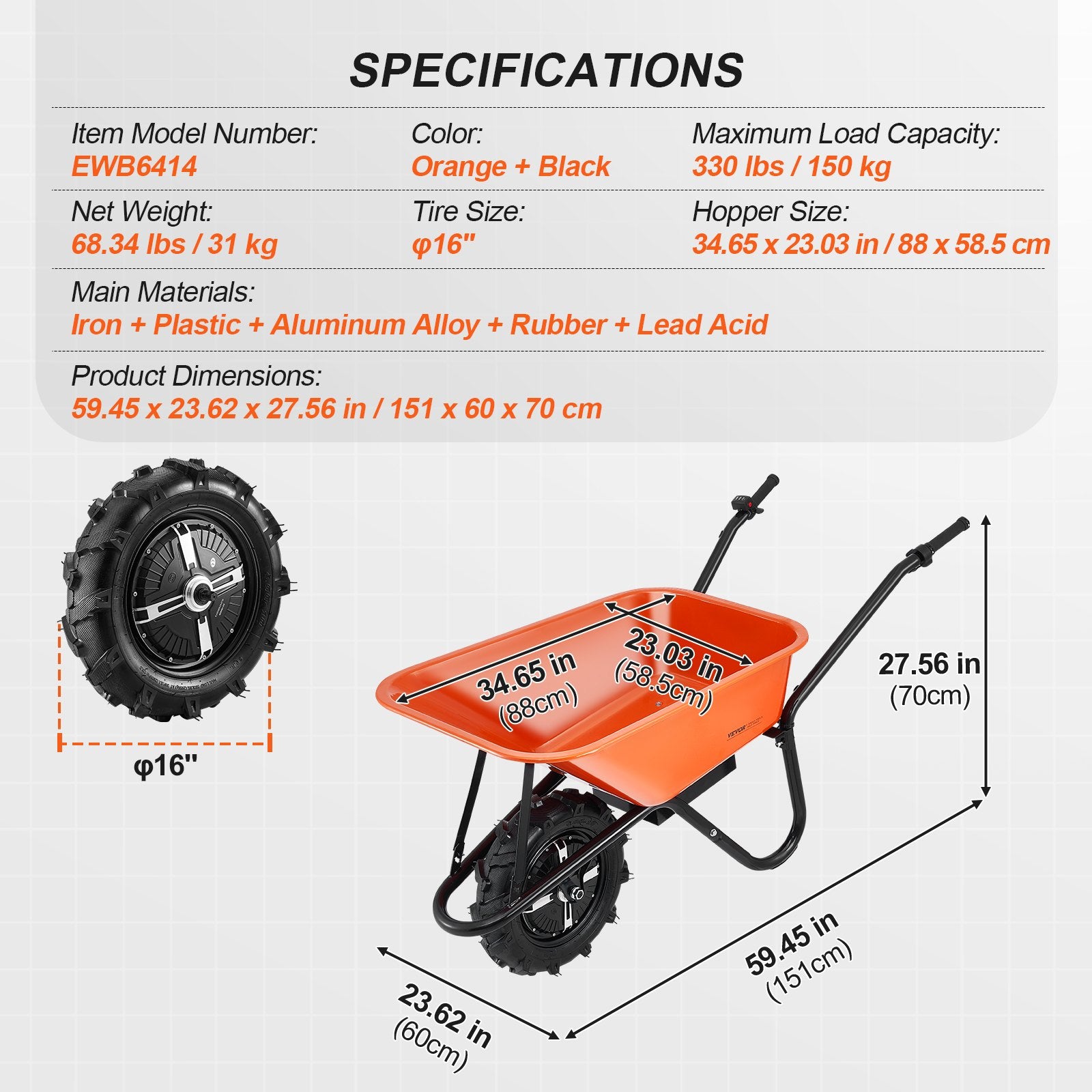 Elektrinis karutis VEVOR EWB6414, 500W, 150 kg