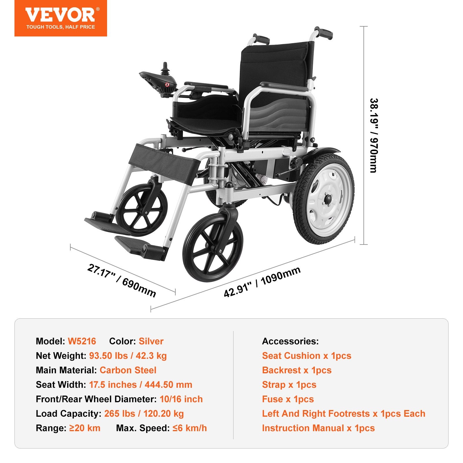 Elektrinis neįgaliojo vežimėlis VEVOR W5216, 120,2 kg keliamoji galia