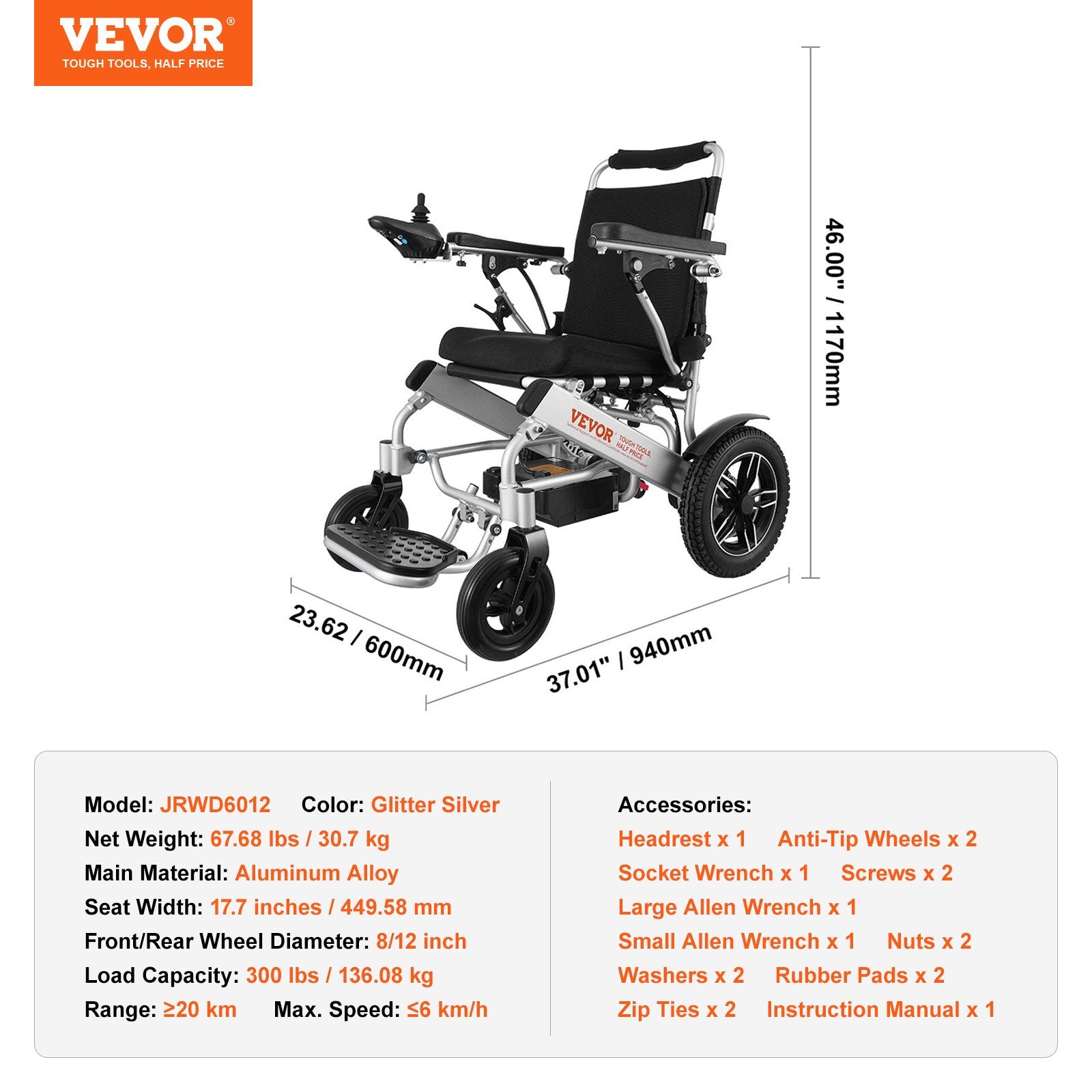 Sulankstomas elektrinis neįgaliojo vežimėlis VEVOR JRWD6012, 136 kg apkrova