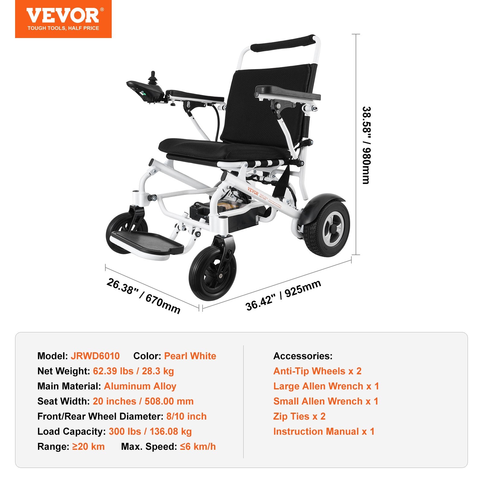 Sulankstomas elektrinis neįgaliojo vežimėlis VEVOR JRWD6010, 136 kg