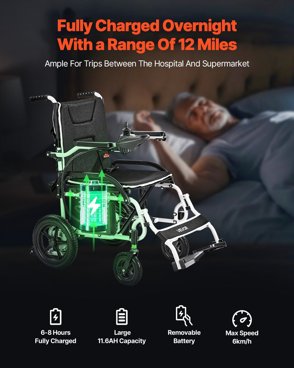 Elektrinis neįgaliojo vežimėlis VEVOR KR8807, 100 kg keliamoji galia