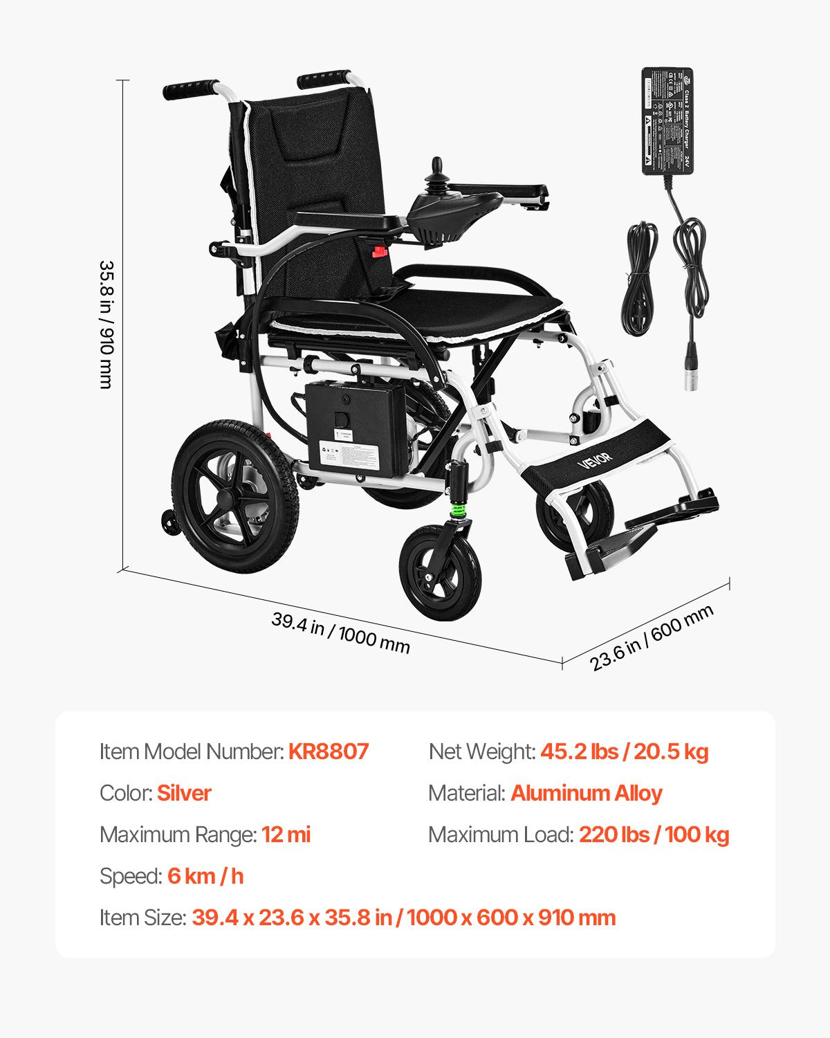 Elektrinis neįgaliojo vežimėlis VEVOR KR8807, 100 kg keliamoji galia