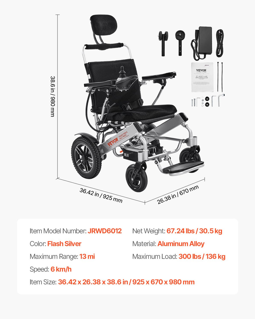 Elektrinis neįgaliojo vežimėlis VEVOR JRWD6012, 136 kg keliamoji galia