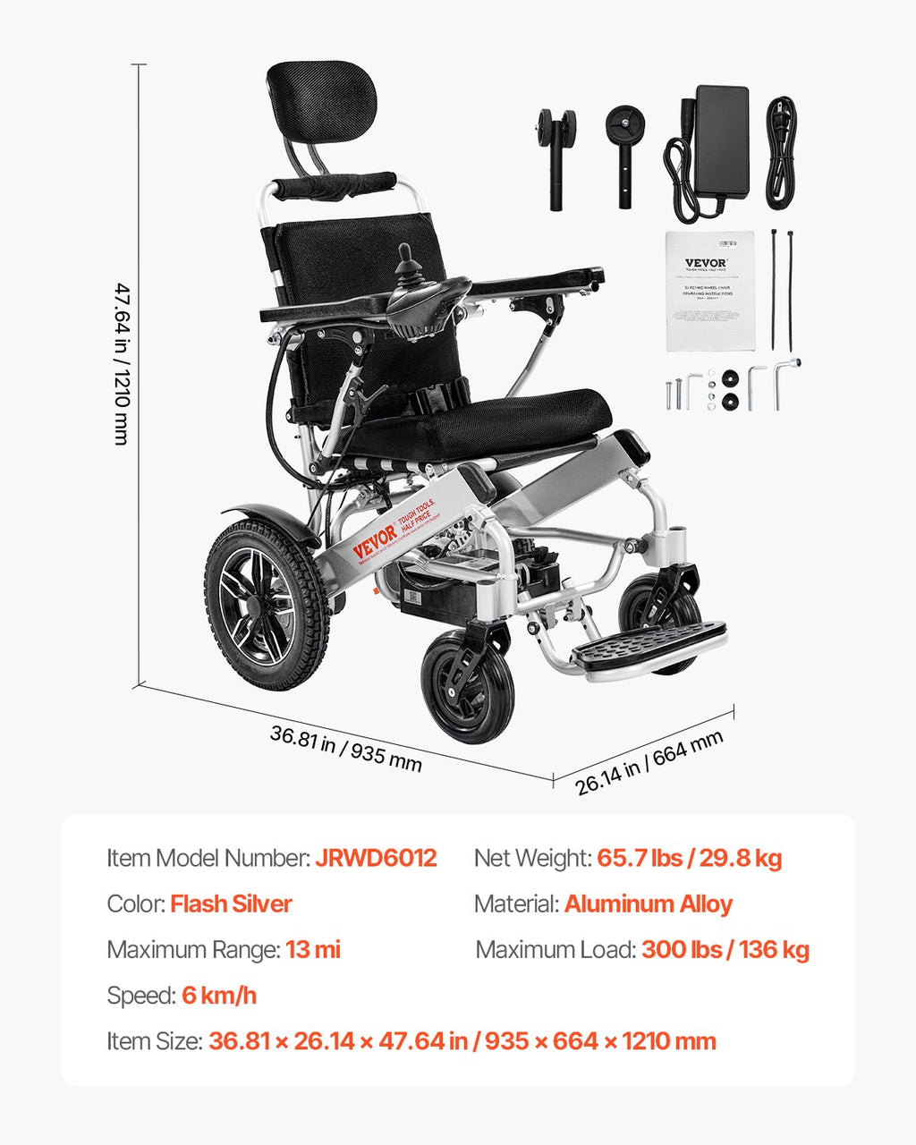 Elektrinis neįgaliojo vežimėlis VEVOR JRWD6012, 136 kg keliamoji galia