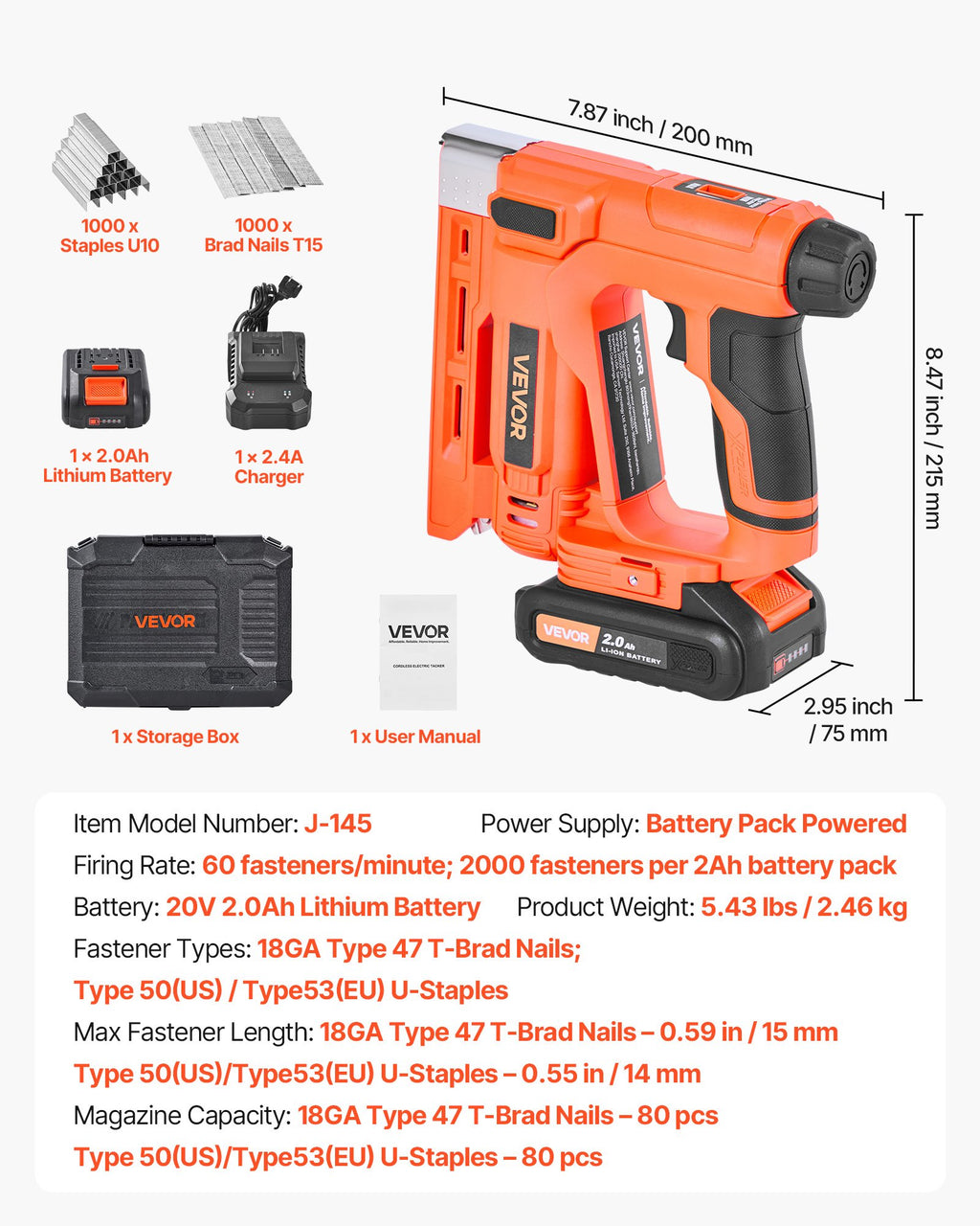 Akumuliatorinis vinių ir kabių kalimo pistoletas VEVOR J-145, 18GA 15 mm