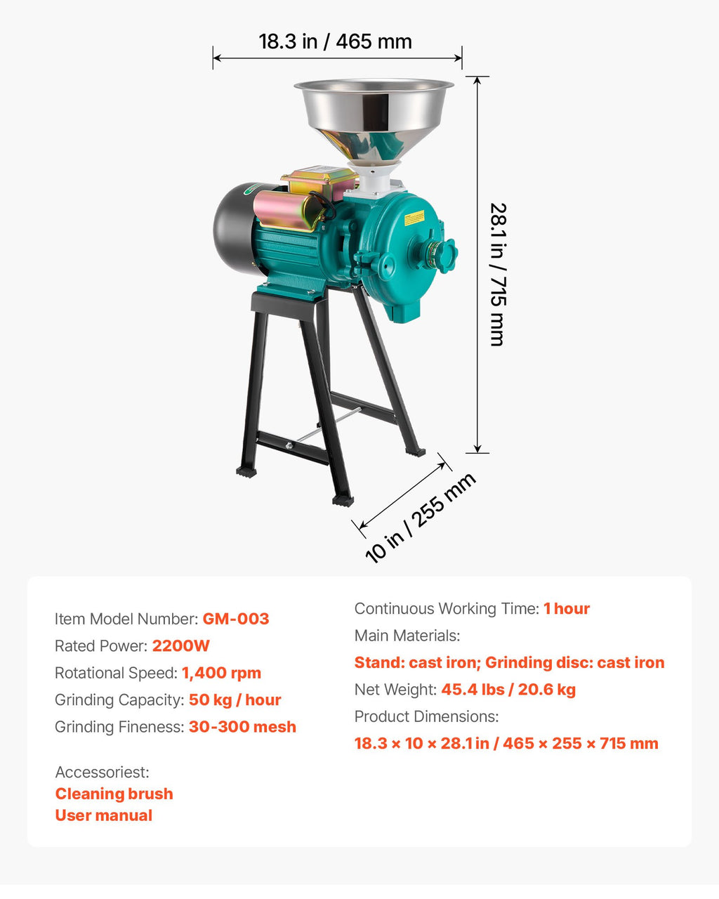 Elektrinis grūdų malūnas VEVOR GM-003, 2200W