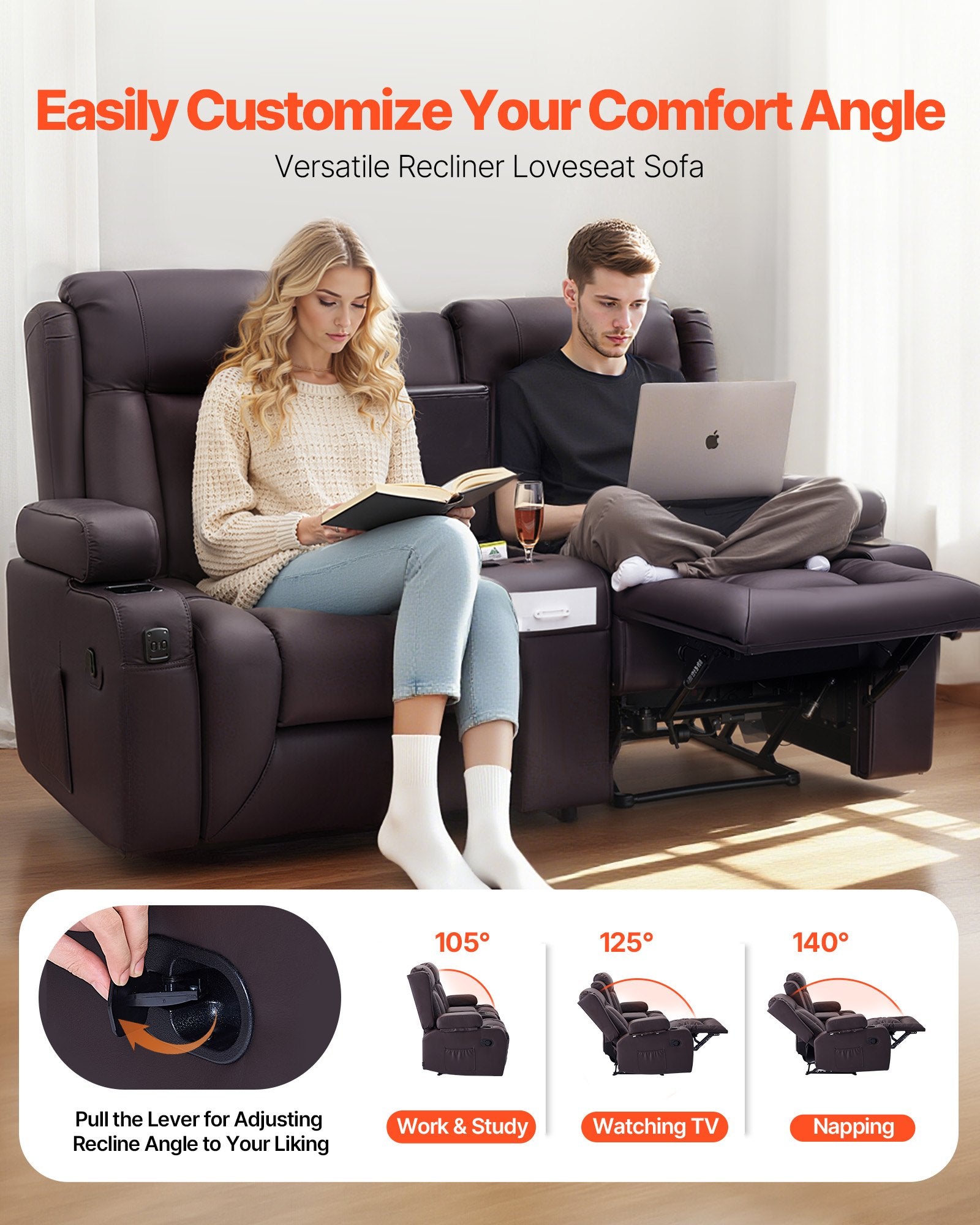 Dvivietė atlošiama sofa VEVOR SX-81673M, su vidine konsule