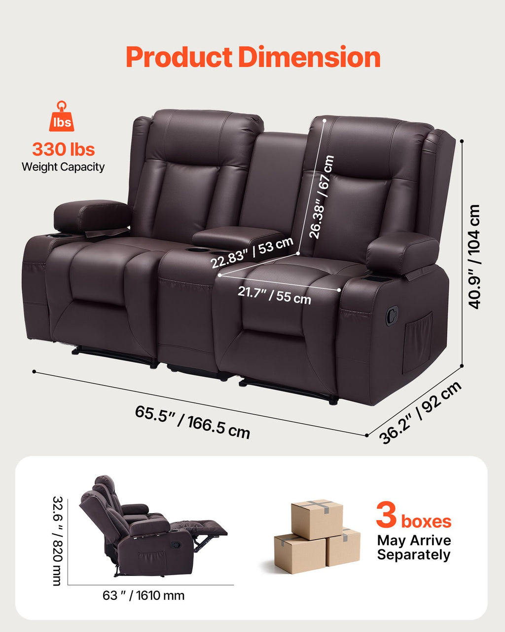 Dvivietė atlošiama sofa VEVOR SX-81673M, su vidine konsule