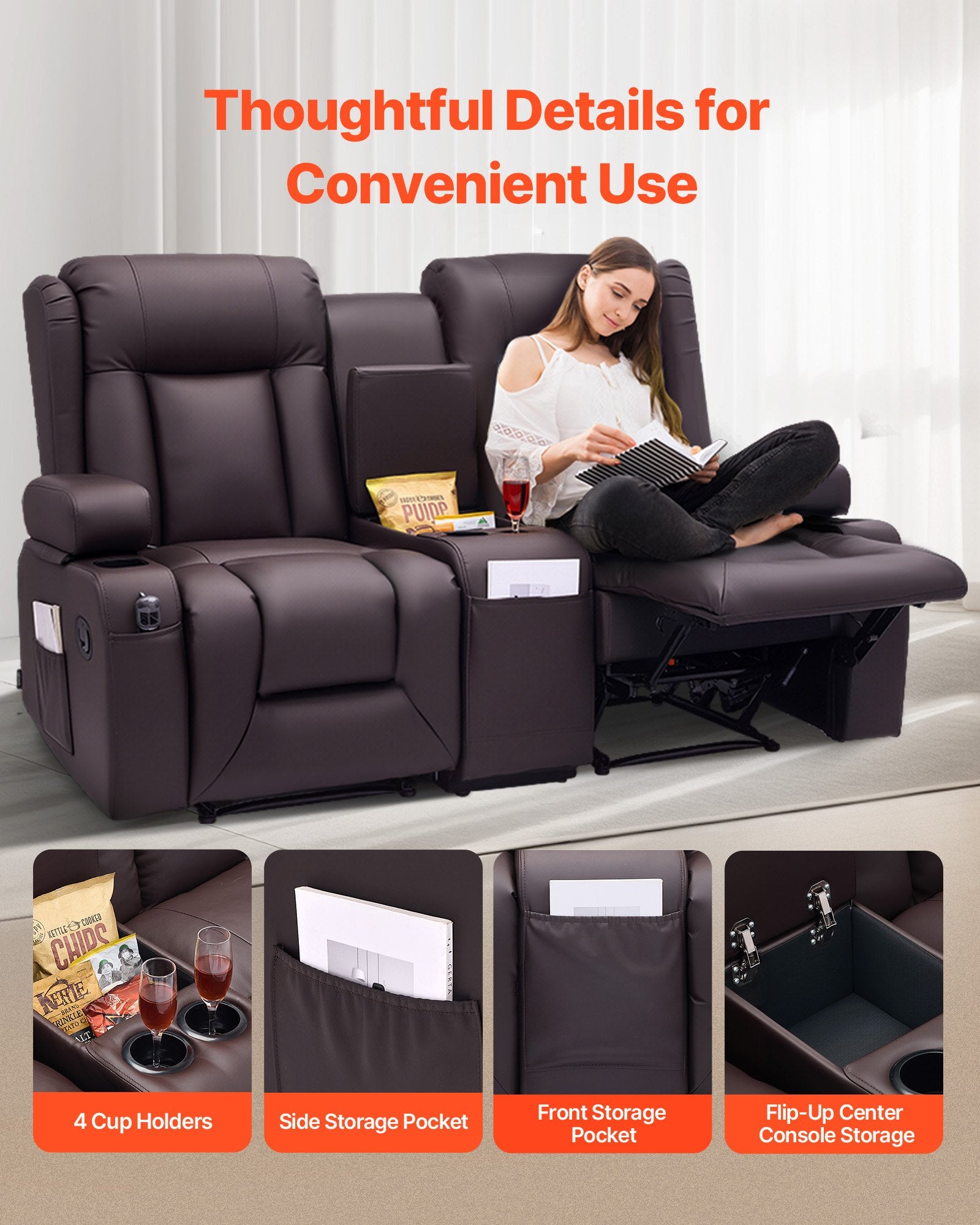 Dvivietė atlošiama sofa VEVOR SX-81673M, su vidine konsule
