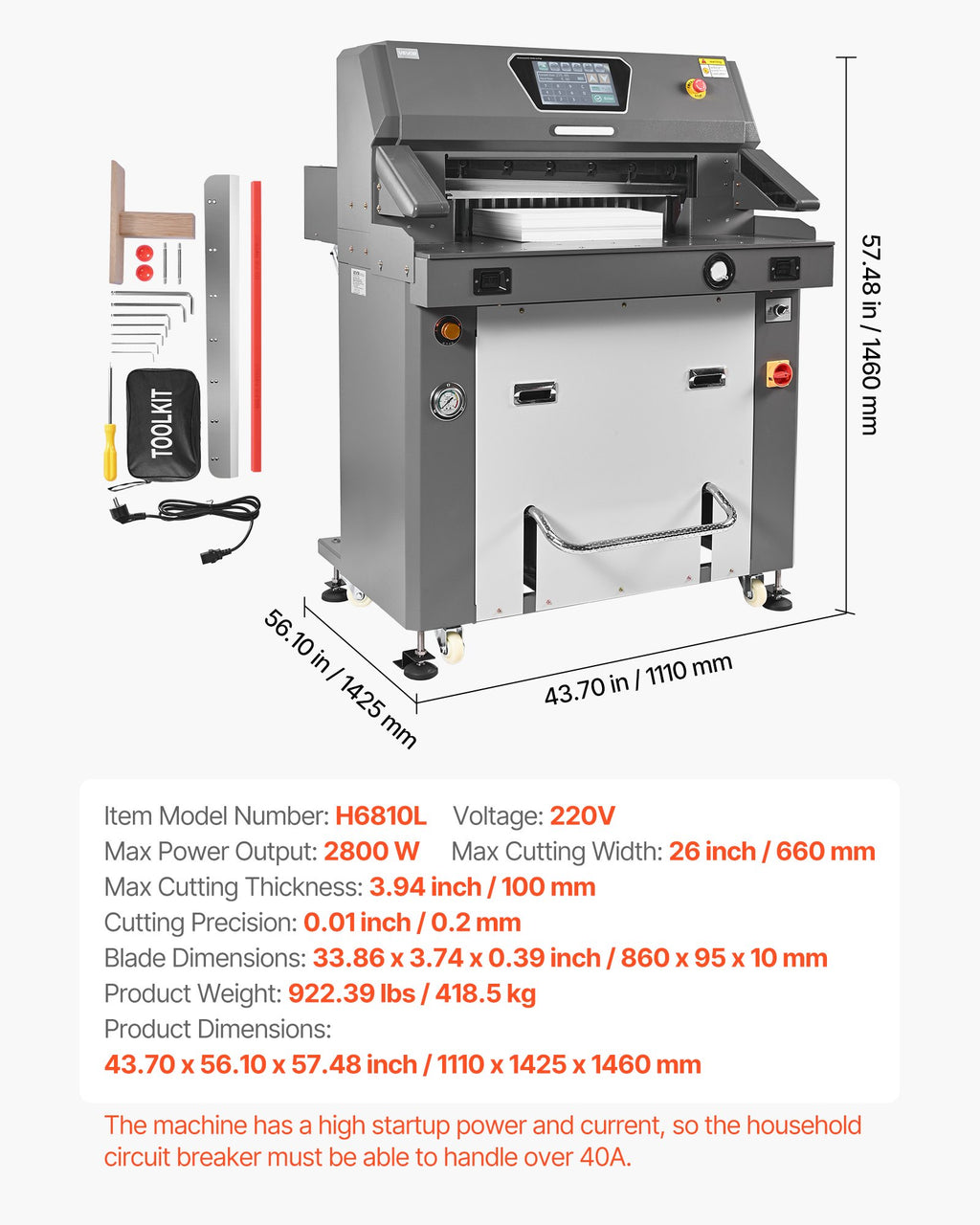 Elektrinė popieriaus pjaustyklė VEVOR H6810L, 660 mm pjovimo plotis