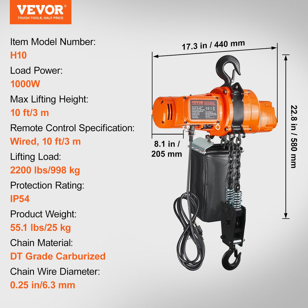 Elektrinė grandininė gervė VEVOR H10, 998 kg