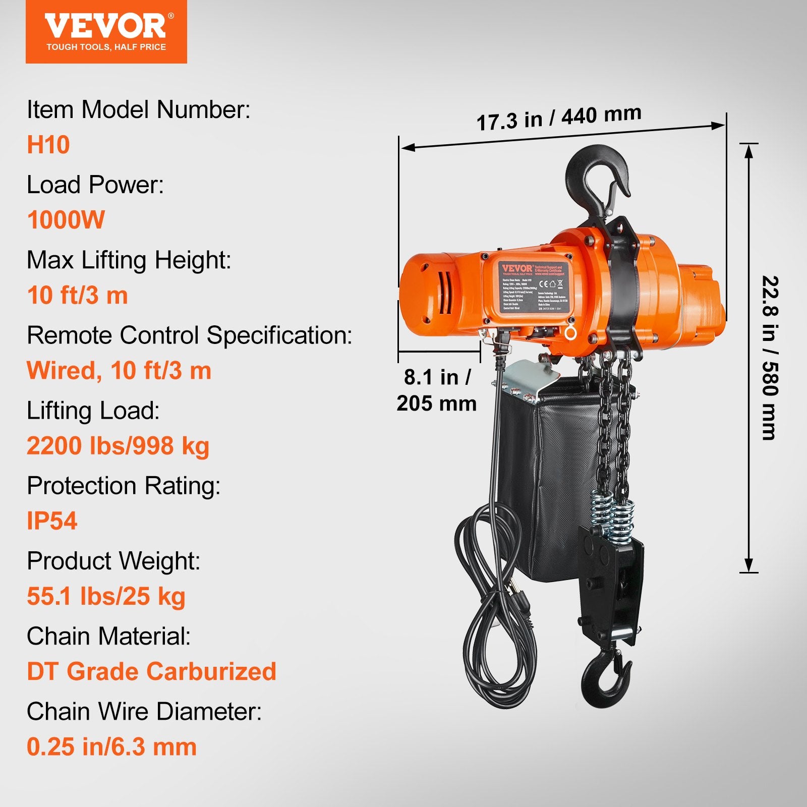 Elektrinė grandininė gervė VEVOR H10, 998 kg