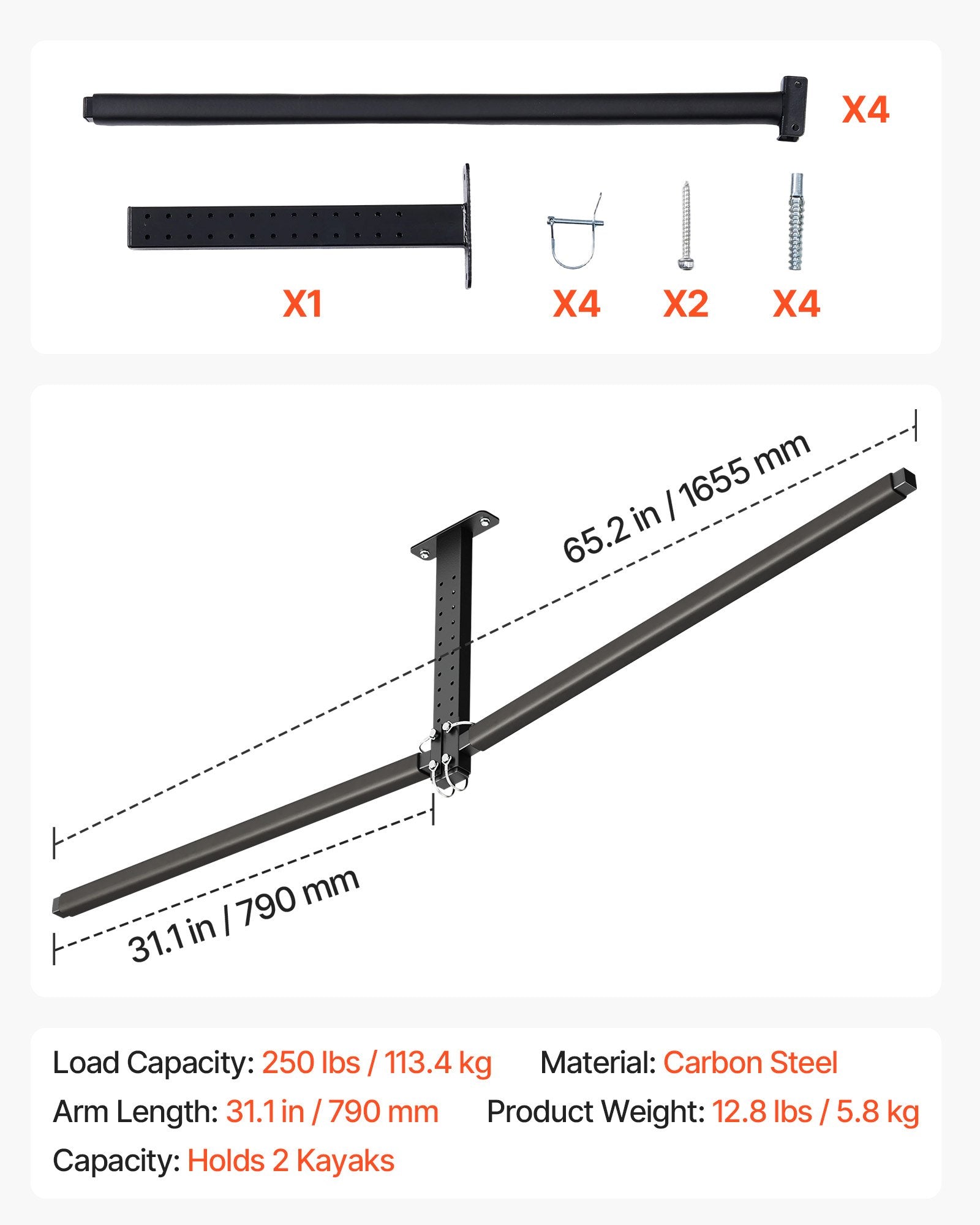 Baidarių laikiklis prie lubų VEVOR JHKYC-002, 113,4 kg