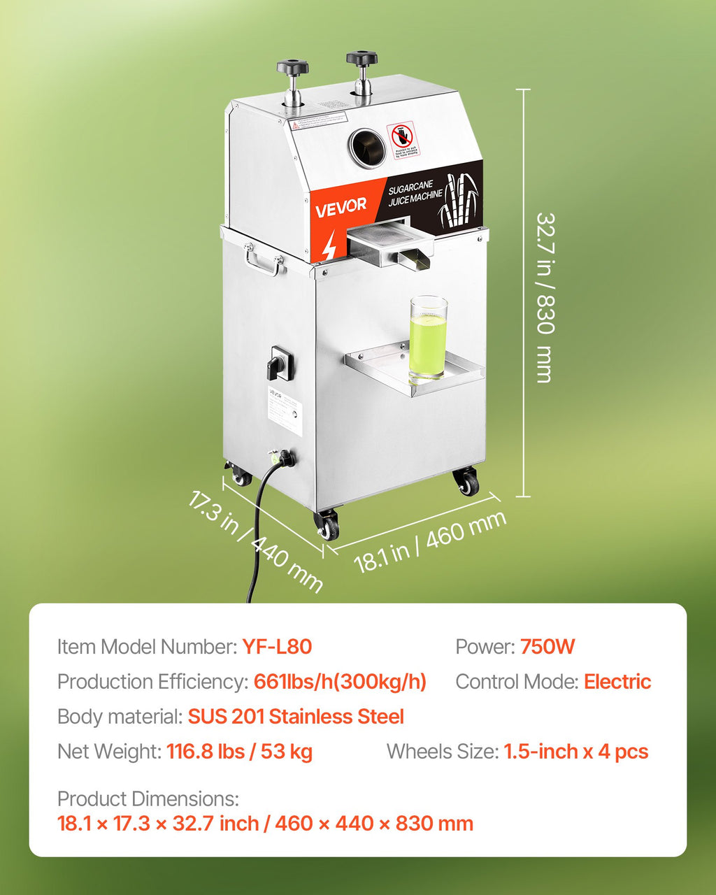 Elektrinė cukranendrių sulčiaspaudė VEVOR YF-L80, 750 W