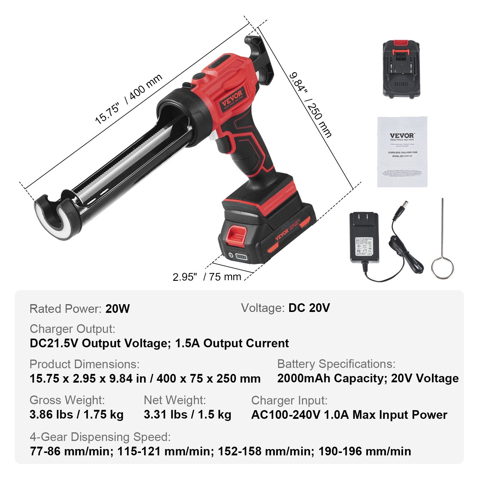 Akumuliatorinis silikono pistoletas VEVOR Q0V-CX51-20, 20V