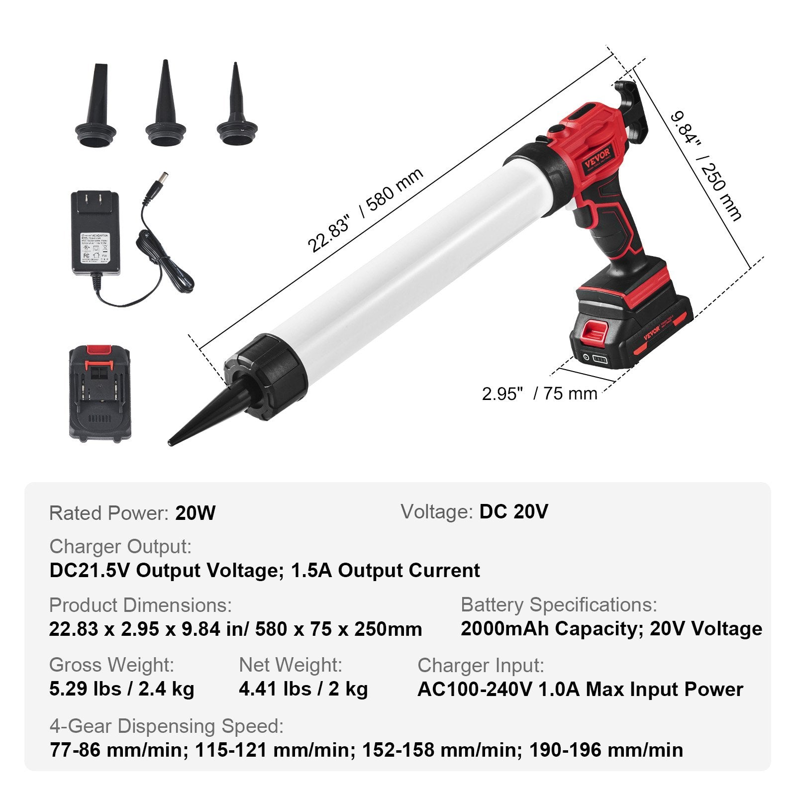 Akumuliatorinis silikono pistoletas VEVOR Q0V-CX51-20, 600 ml