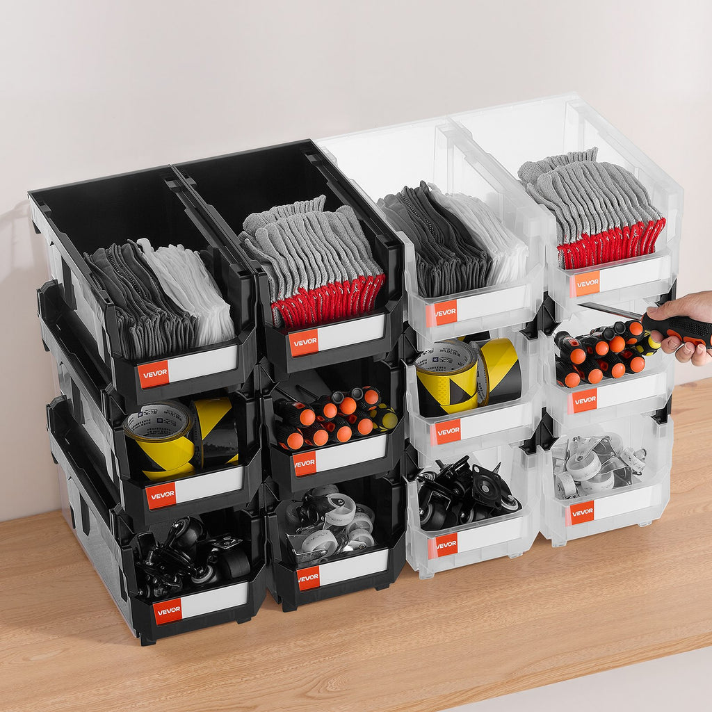 Plastikinės sandėliavimo dėžės VEVOR V6-Black&Clear-12, 12 vnt. rinkinys