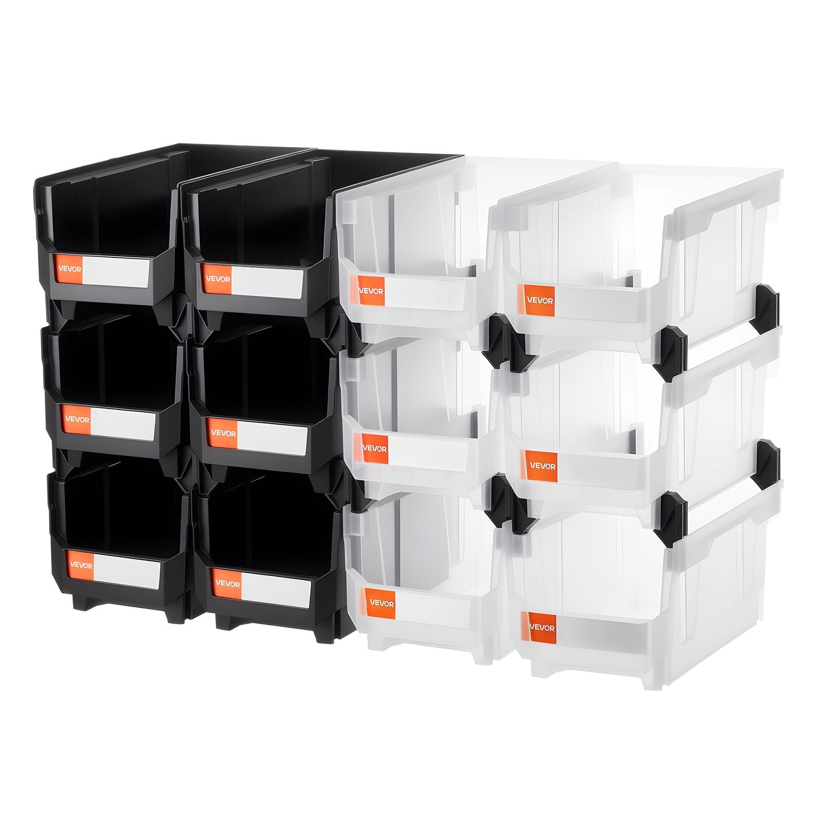 Plastikinės sandėliavimo dėžės VEVOR V6-Black&Clear-12, 12 vnt. rinkinys