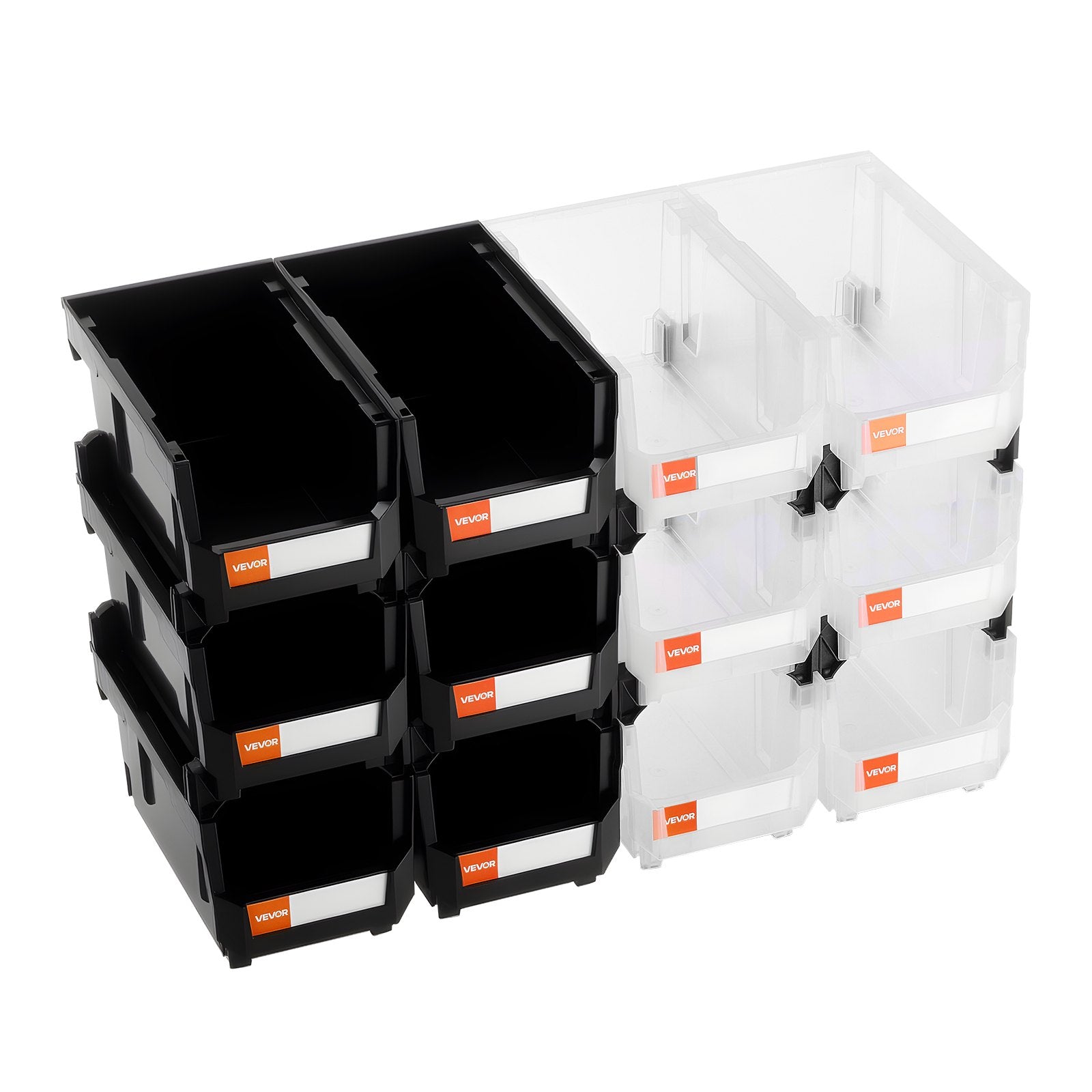 Plastikinės sandėliavimo dėžės VEVOR V6-Black&Clear-12, 12 vnt. rinkinys