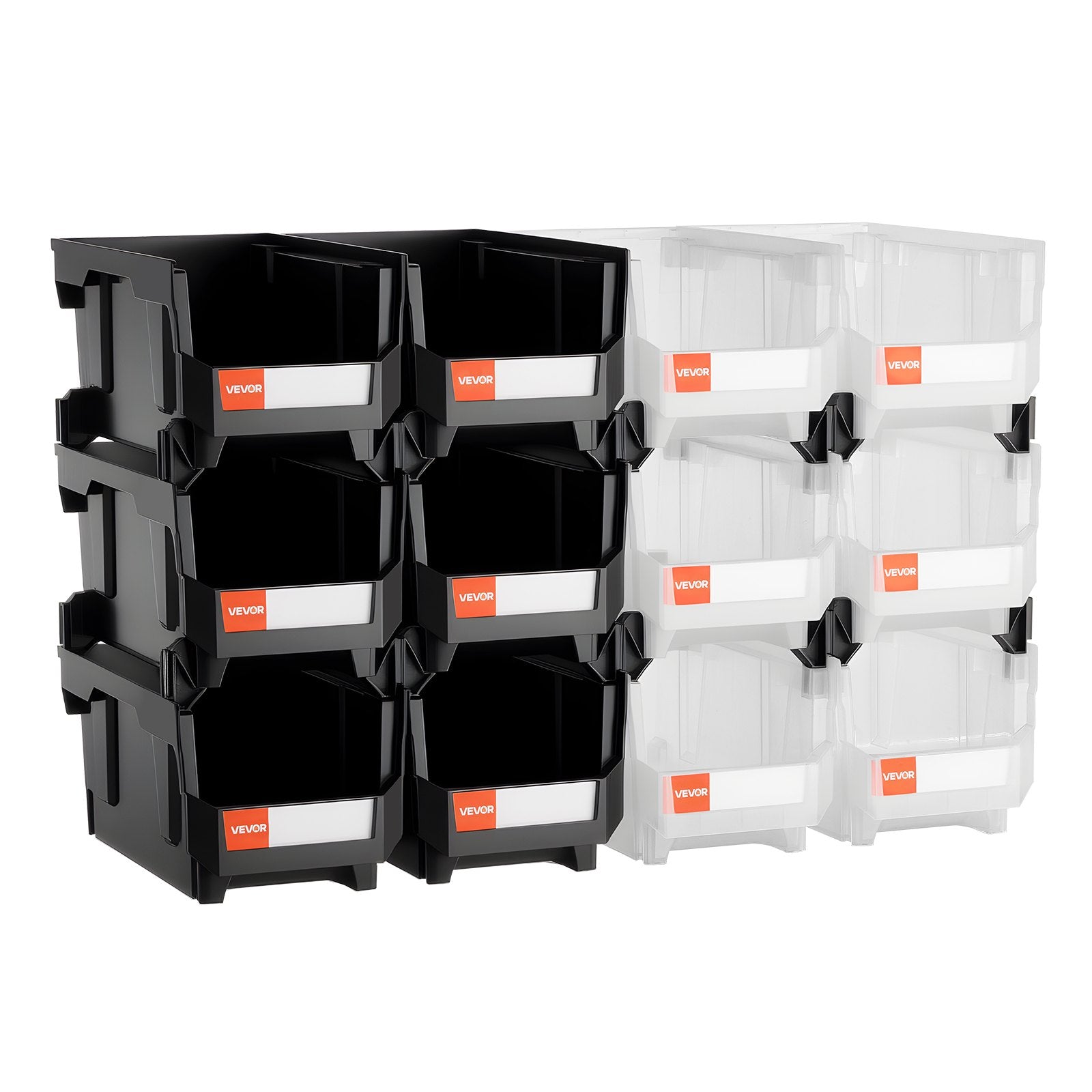 Plastikinės sandėliavimo dėžės VEVOR V6-Black&Clear-12, 12 vnt. rinkinys