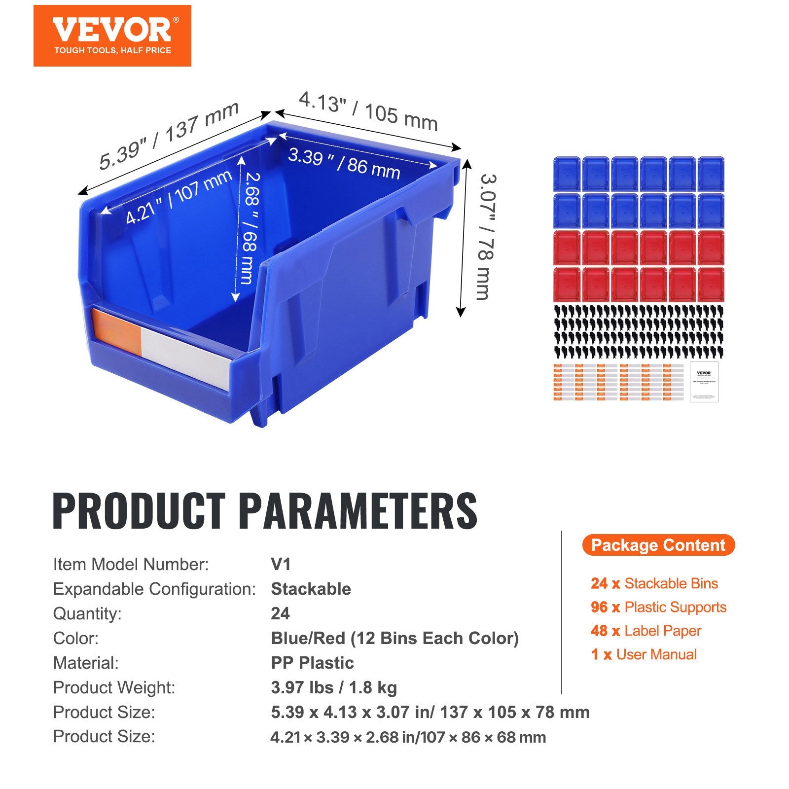 Plastikinės dėžutės detalėms VEVOR V1, 24 vnt. rinkinys