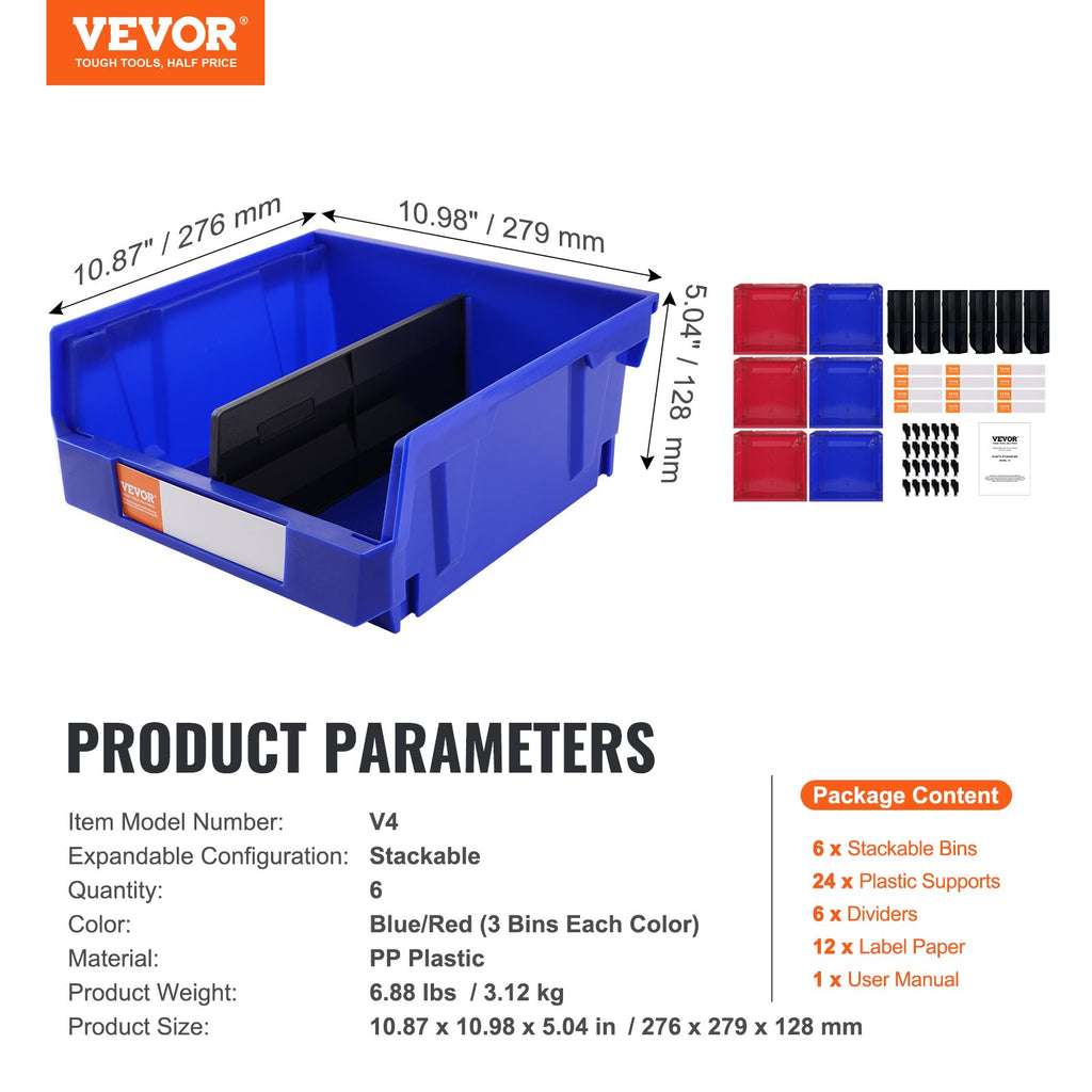 Plastikinės sandėliavimo dėžės VEVOR V4, 6 vnt. rinkinys
