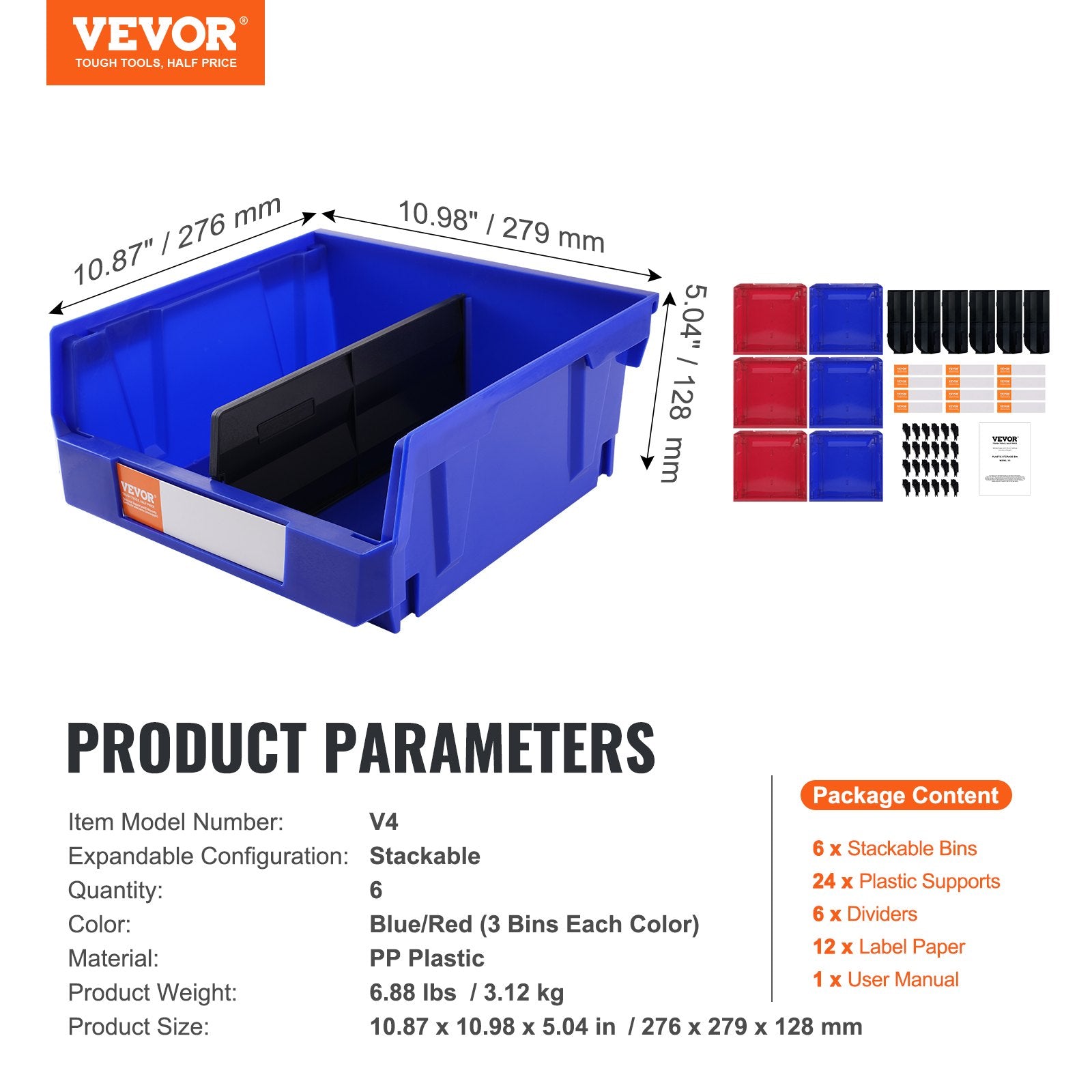 Plastikinės sandėliavimo dėžės VEVOR V4, 6 vnt. rinkinys