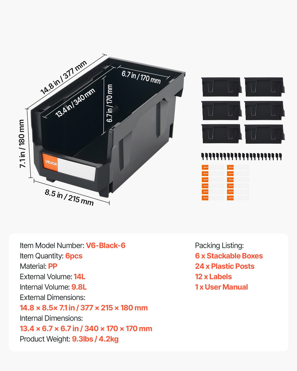 Plastikinės sandėliavimo dėžės VEVOR V6-Black-6, 6 vnt.