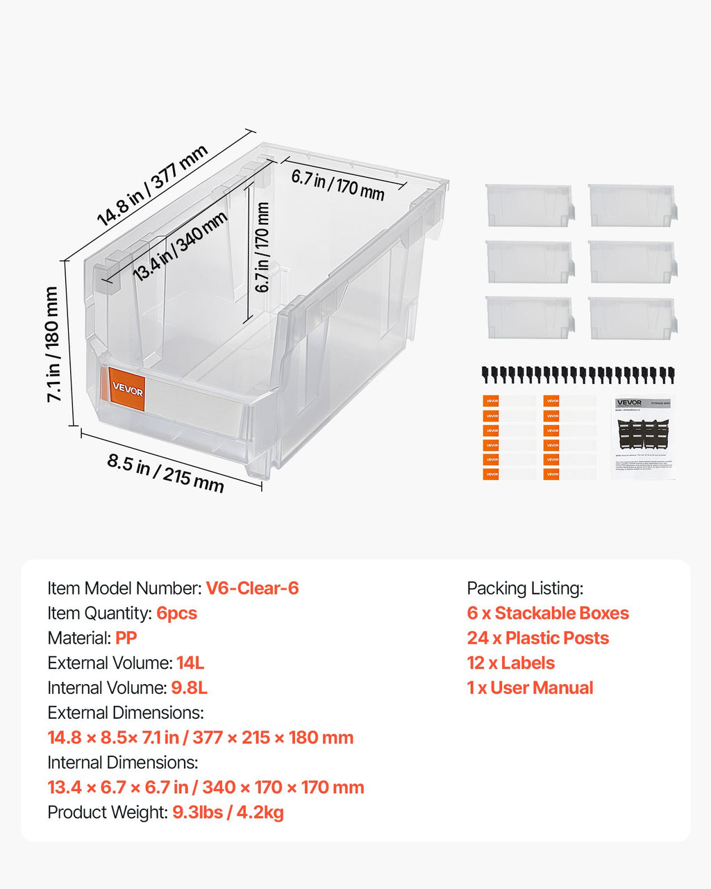 Plastikinės sandėliavimo dėžės VEVOR V6-Clear-6, 6 vnt.