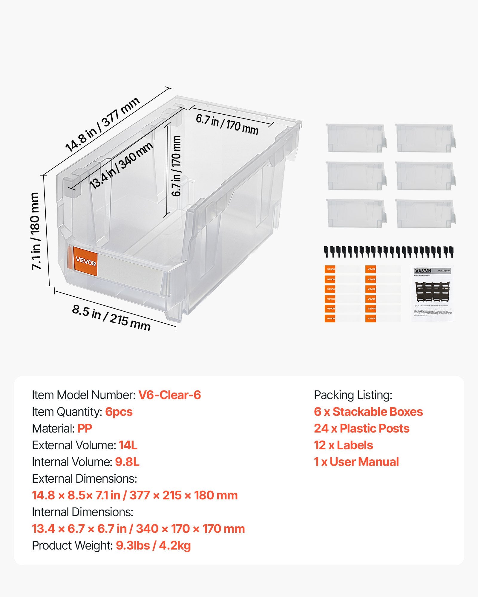 Plastikinės sandėliavimo dėžės VEVOR V6-Clear-6, 6 vnt.
