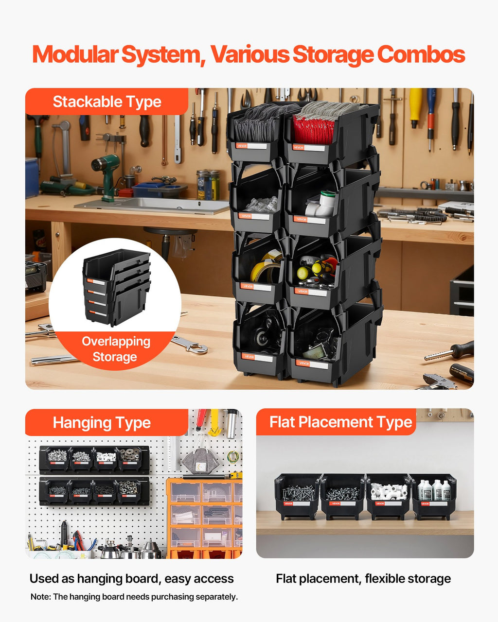 Plastikinės sudedamos dėžutės VEVOR V3-Black-8, 8 vnt.