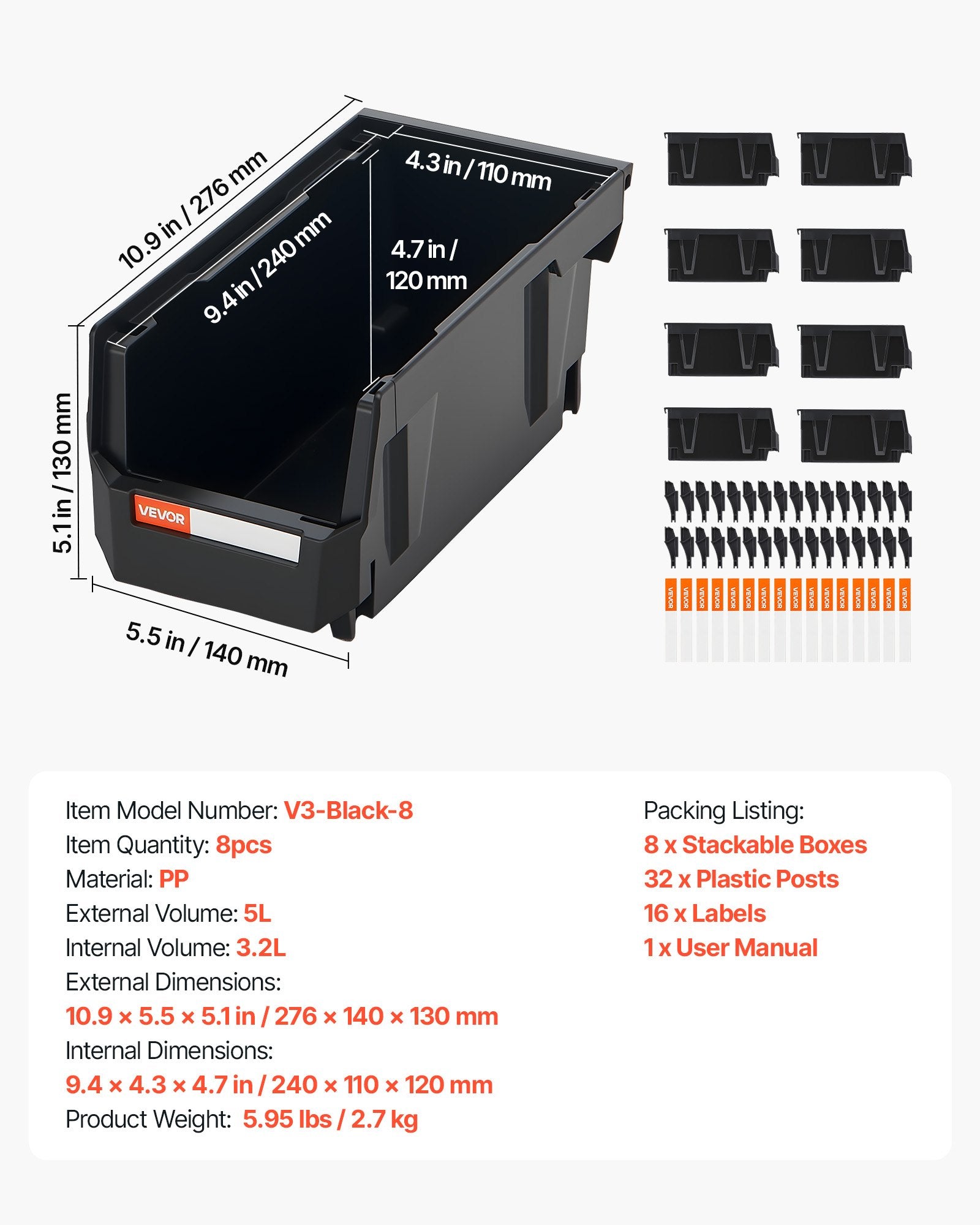 Plastikinės sudedamos dėžutės VEVOR V3-Black-8, 8 vnt.