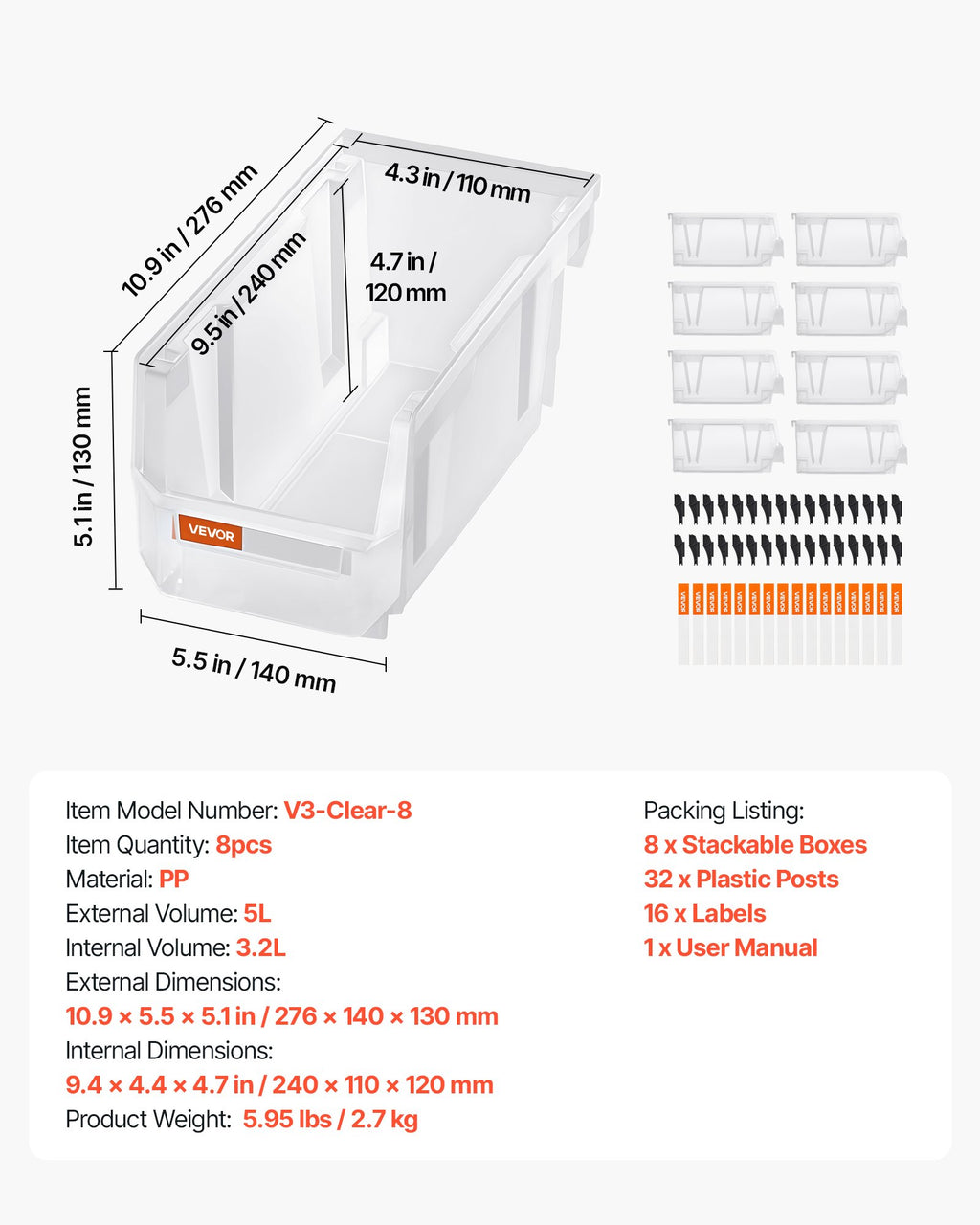 Plastikinės sandėliavimo dėžutės VEVOR V3-Clear-8, 8 vnt. rinkinys