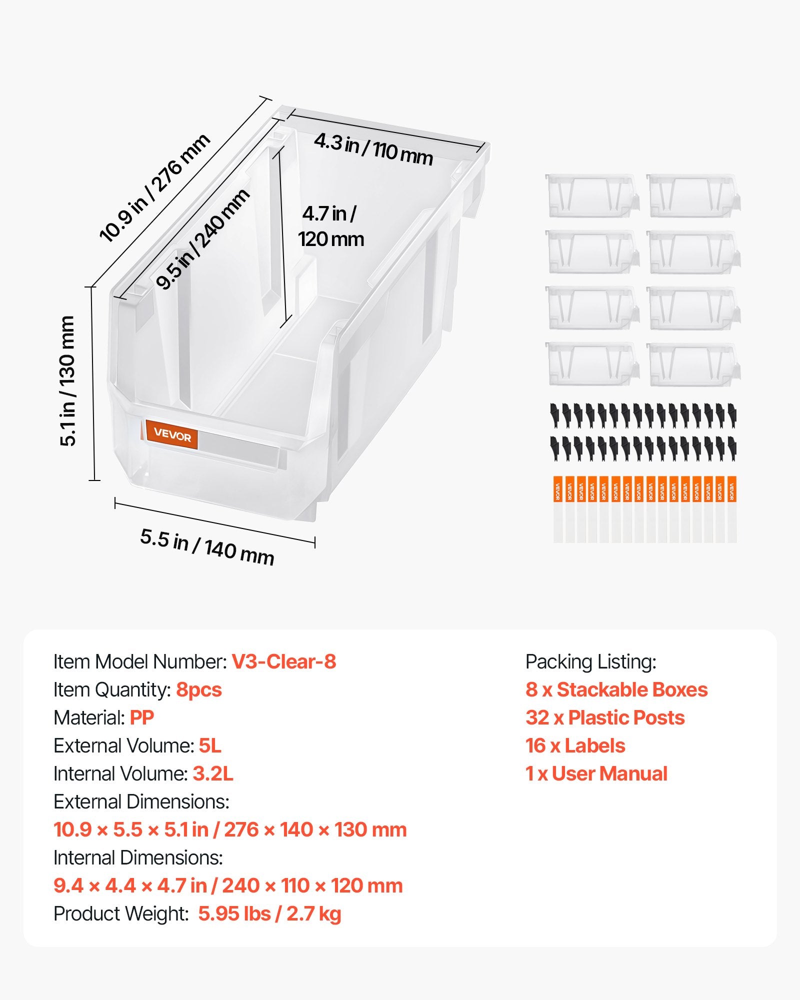 Plastikinės sandėliavimo dėžutės VEVOR V3-Clear-8, 8 vnt. rinkinys