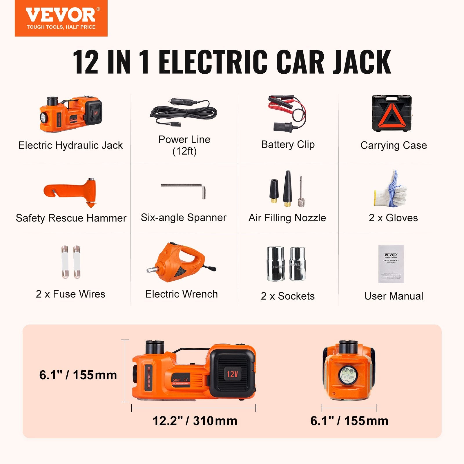 Elektrinis hidraulinis domkratas VEVOR 5T, 12V su priedais