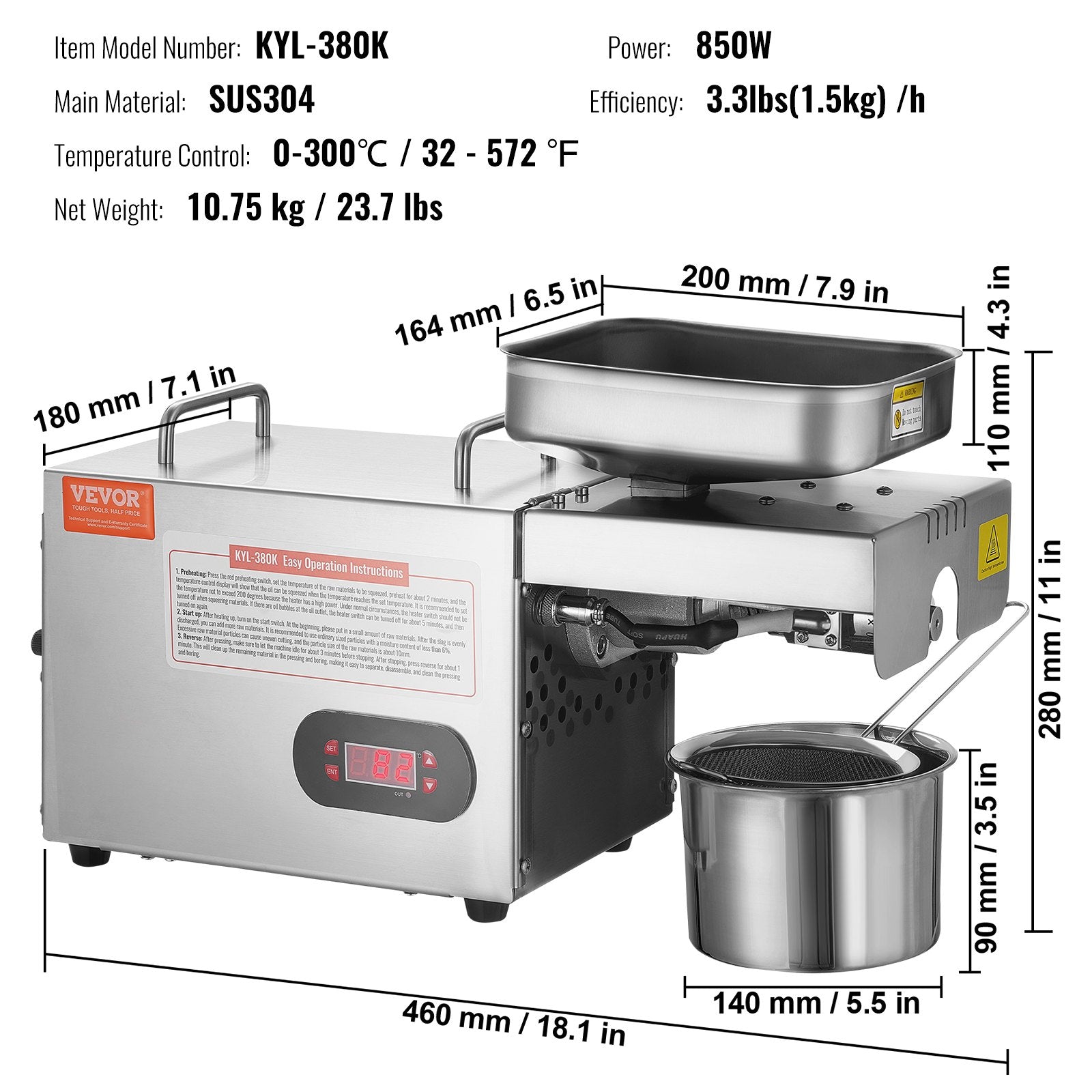 Elektrinis aliejaus presas VEVOR KYL-380K, 850 W