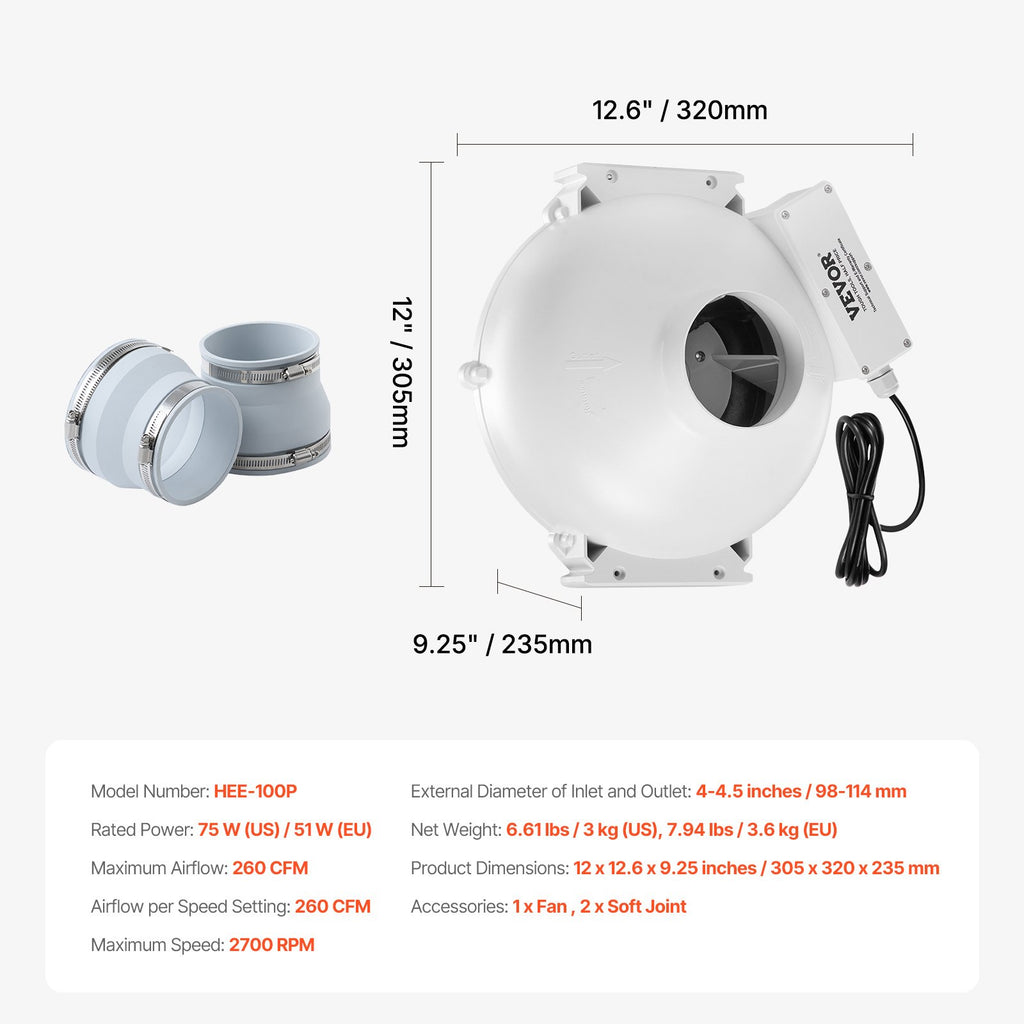 Radono šalinimo ventiliatorius VEVOR HEE-100P, 260 CFM