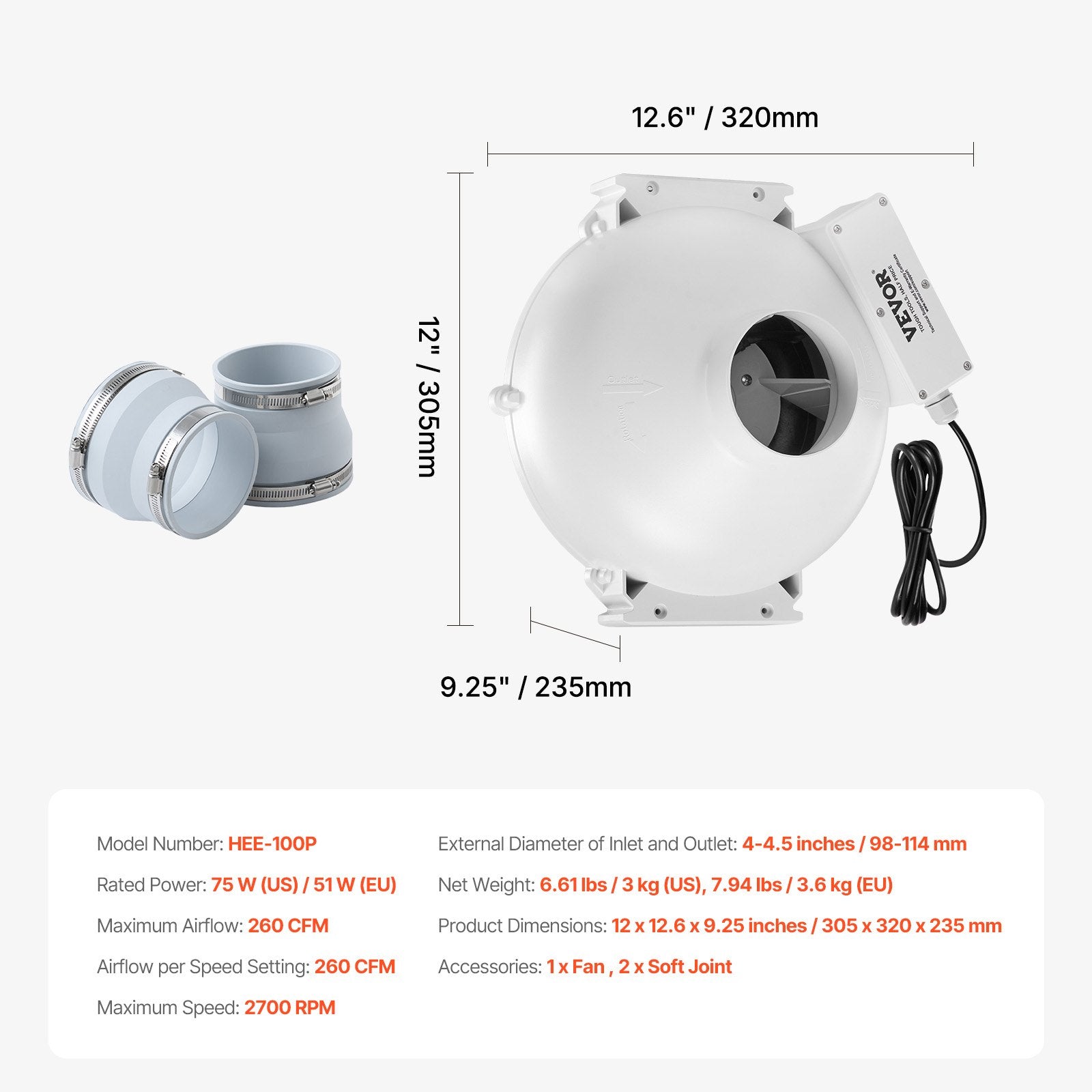 Radono šalinimo ventiliatorius VEVOR HEE-100P, 260 CFM