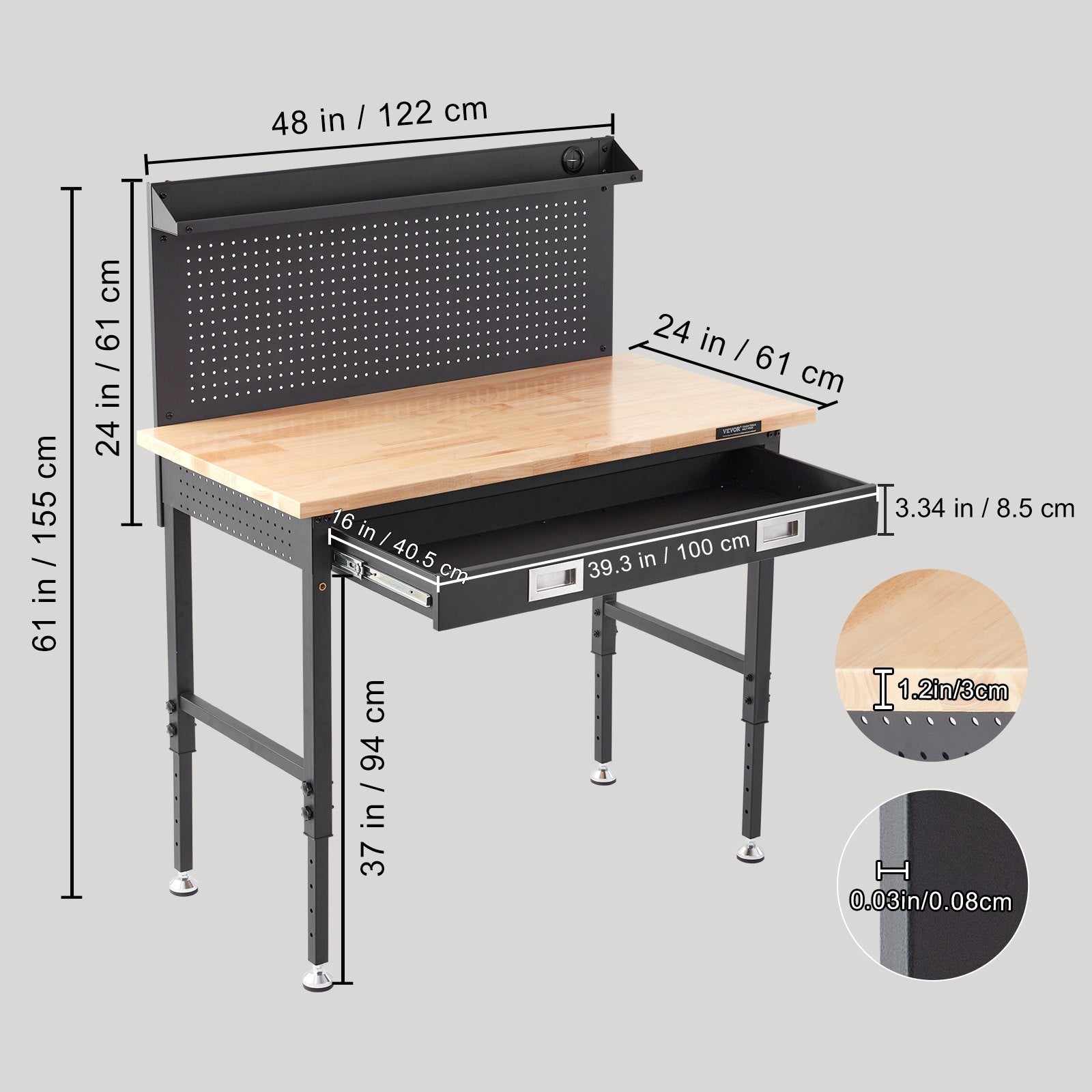 Reguliuojamo aukščio darbastalis VEVOR SHFGM4824GR, 907 kg apkrova