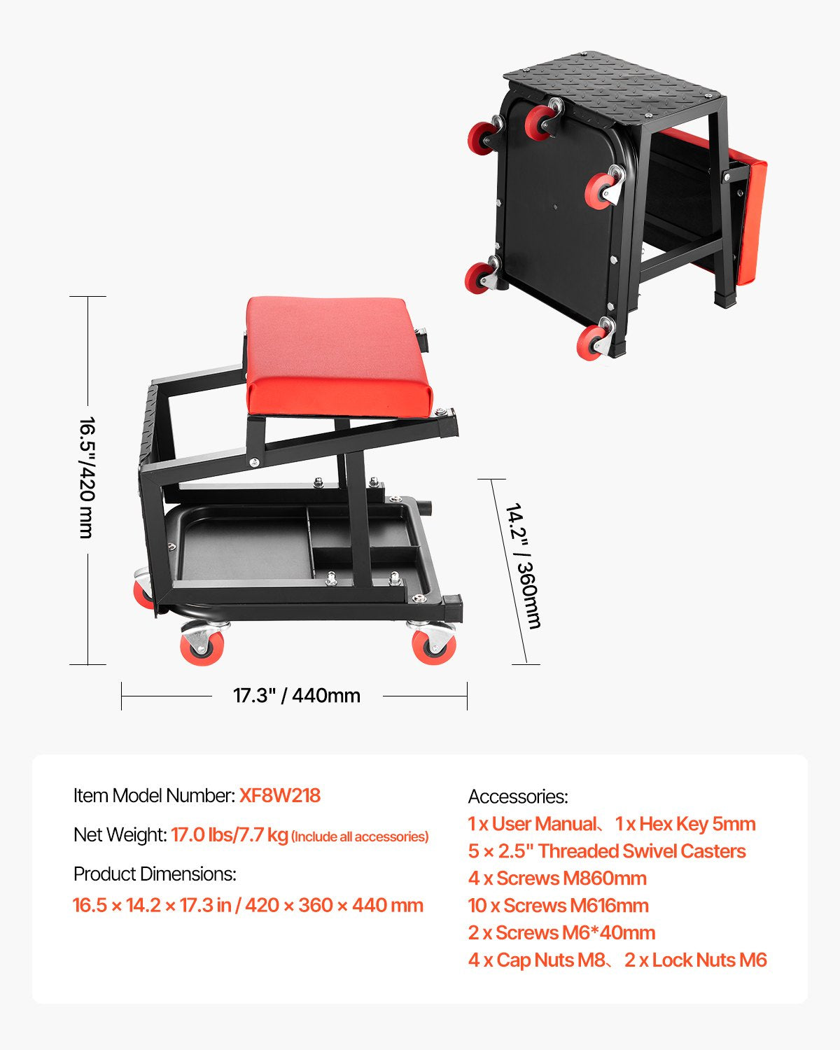 Mechaniko kėdė-laiptelis VEVOR XF8W218, 136 kg keliamoji galia