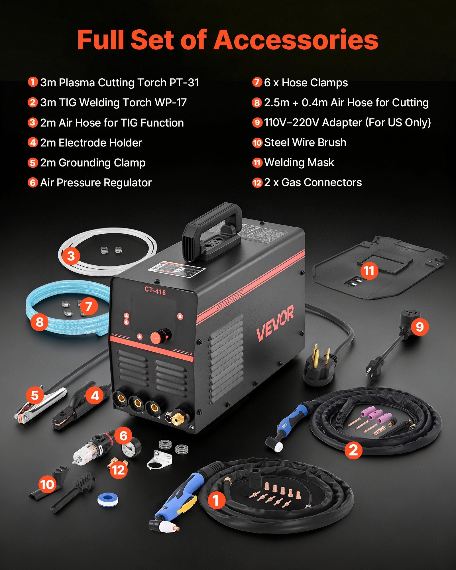 Plazminio pjovimo ir suvirinimo aparatas VEVOR CT-416, 3-in-1 (CUT/TIG/MMA)