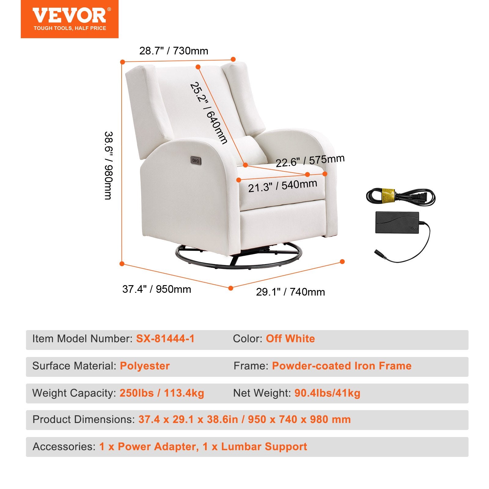 Elektrinis fotelis-reklaineris VEVOR SX-81444, 113,4 kg apkrova