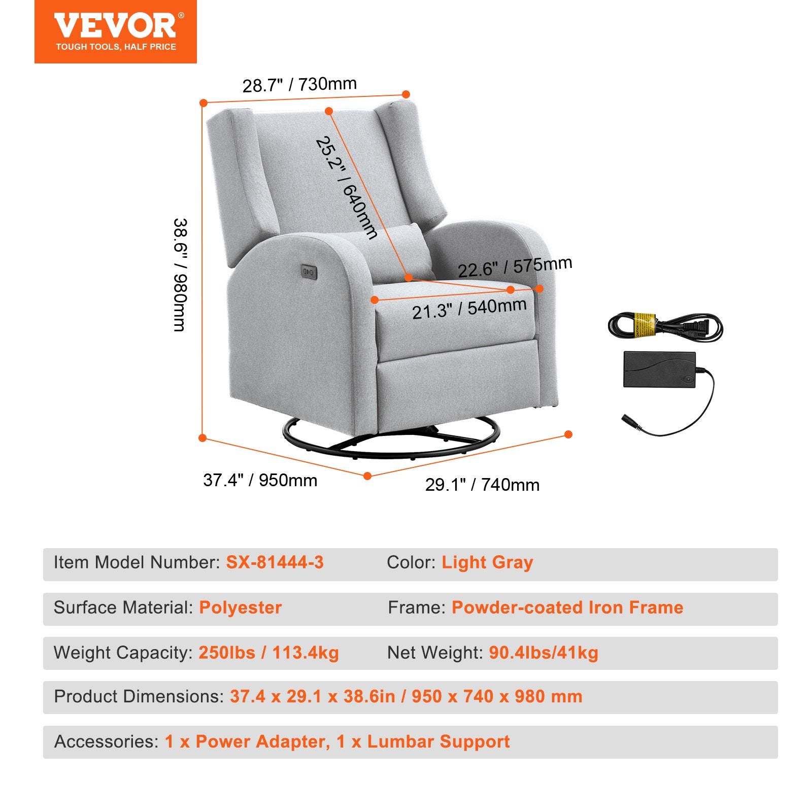 Elektrinis fotelis-reklaineris VEVOR SX-81444-4, 113,4 kg apkrova